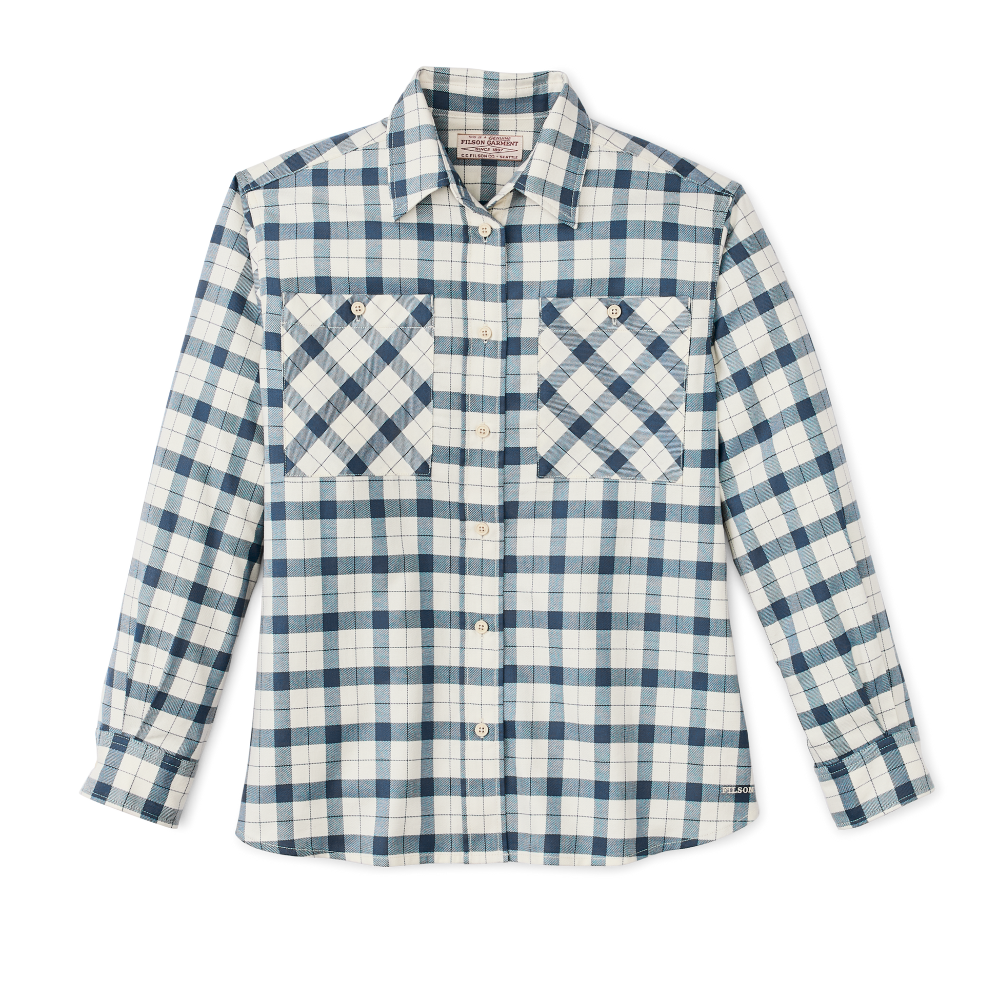 Front-facing image of the Filson Women's Light Weight Alaskan Guide Shirt - Light Tan / Flag Blue Plaid