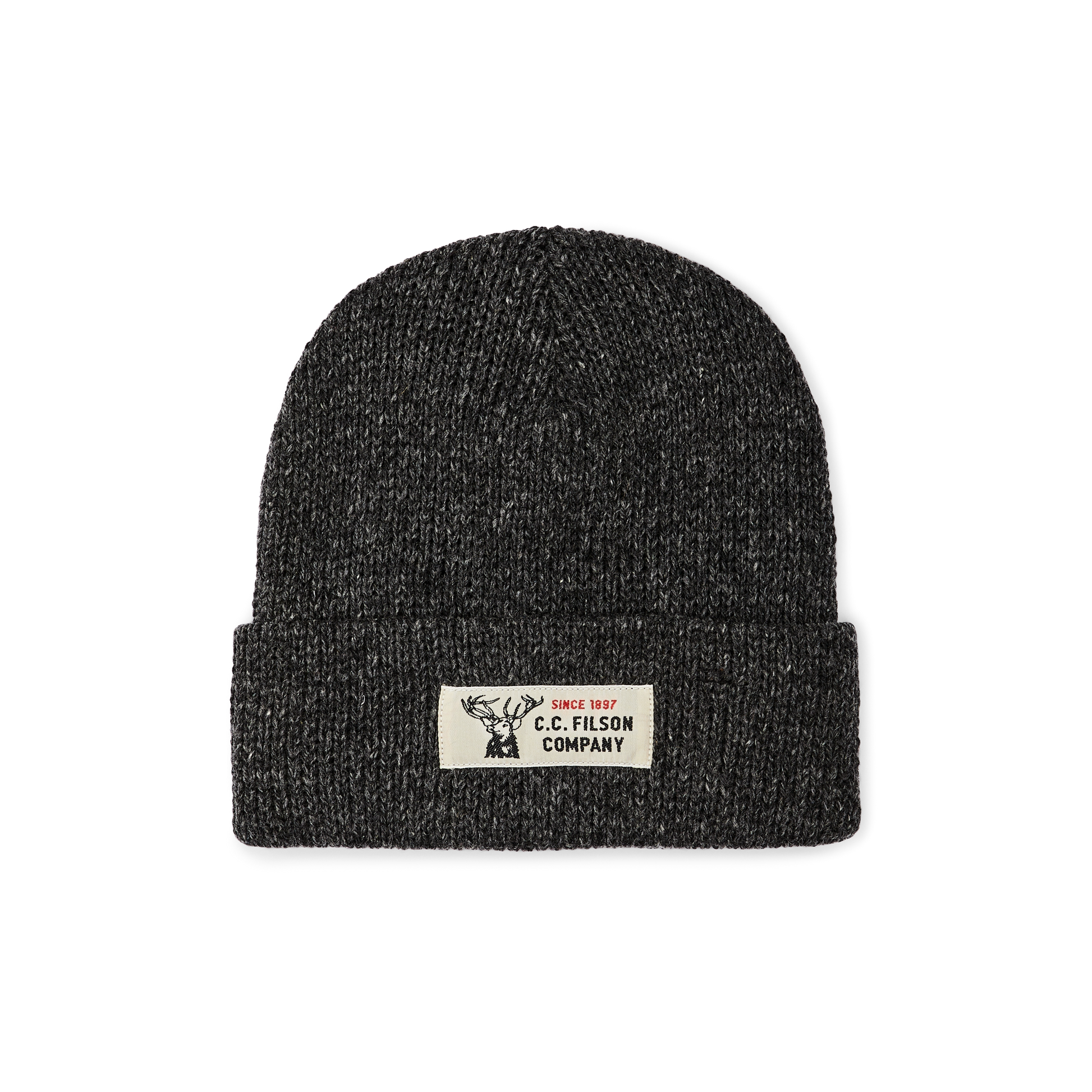 main image of filson's lined ragg wool beanie, a wool beanie, shown in charcoal black