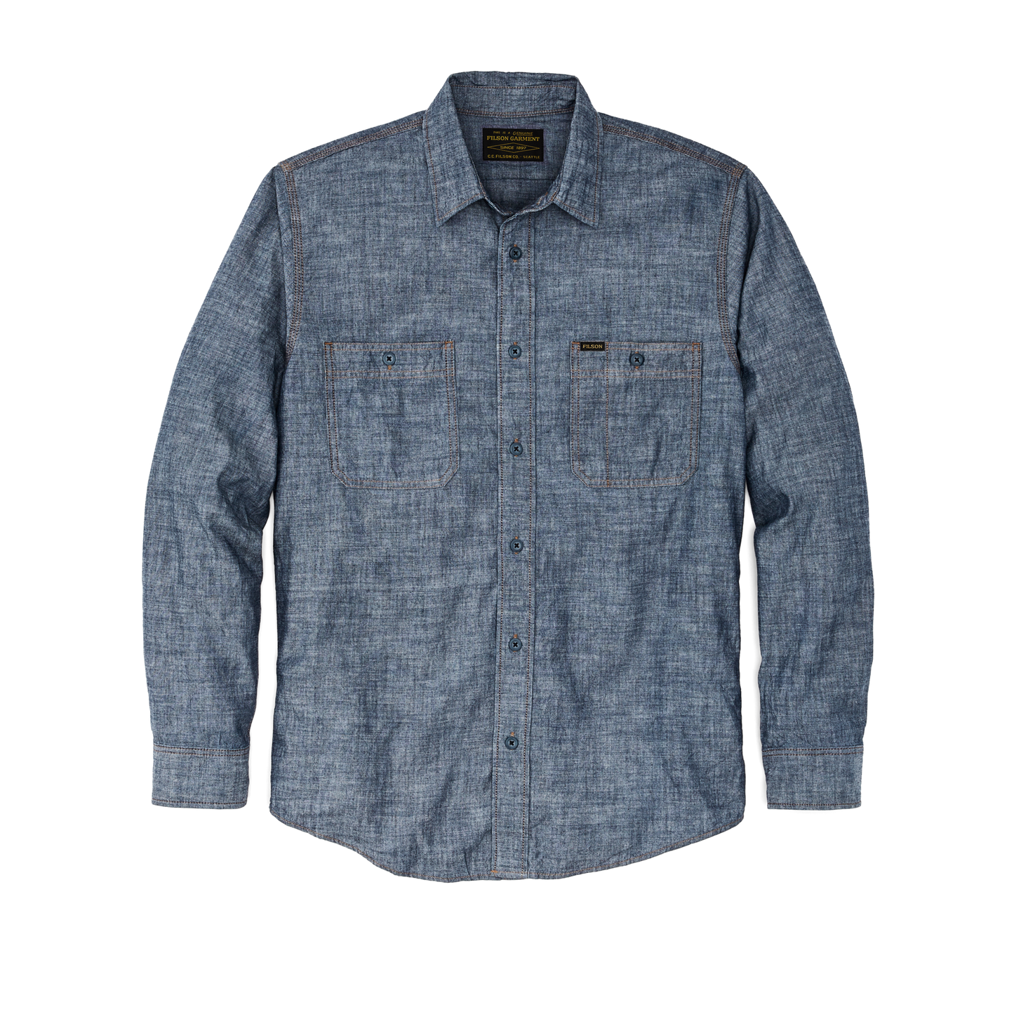 main image of filson's chambray cpo shirt, a men's long sleeve shirt constructed in denim, shown in rinsed indigo chambray