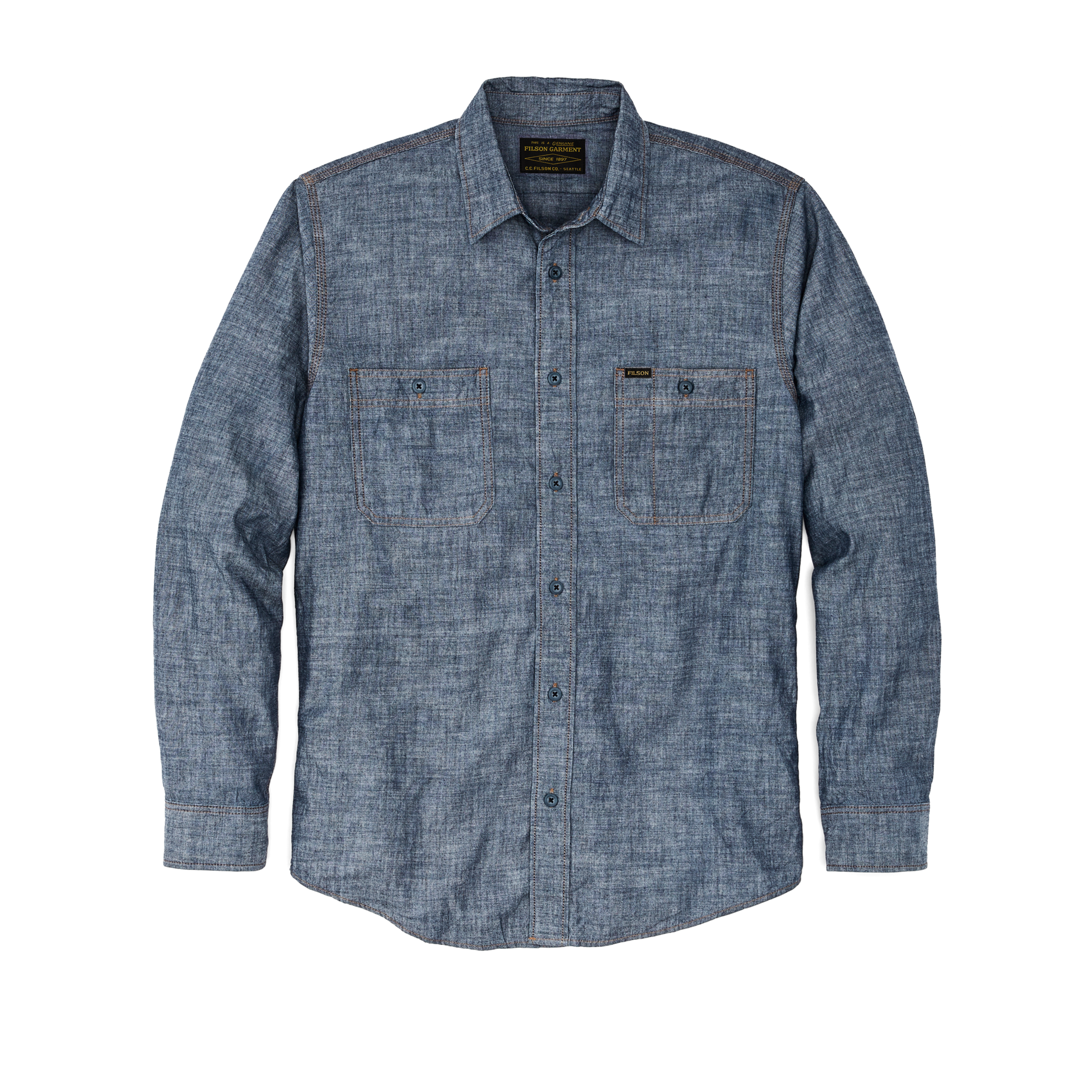 main image of filson's chambray cpo shirt, a men's long sleeve shirt constructed in denim, shown in rinsed indigo chambray