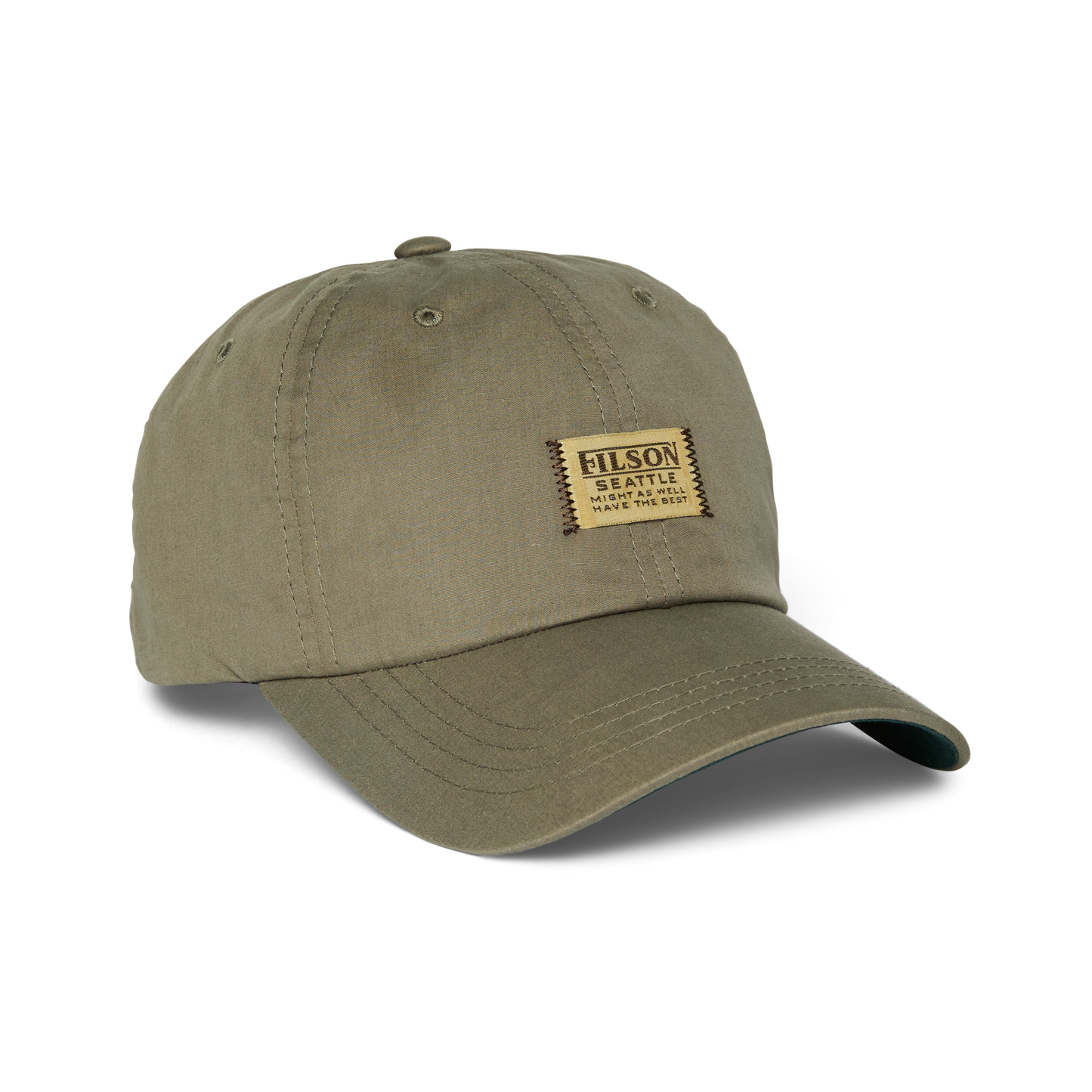 Front-facing image of the Filson Lightweight Angler Cap - Desert Green / Bremerton Label