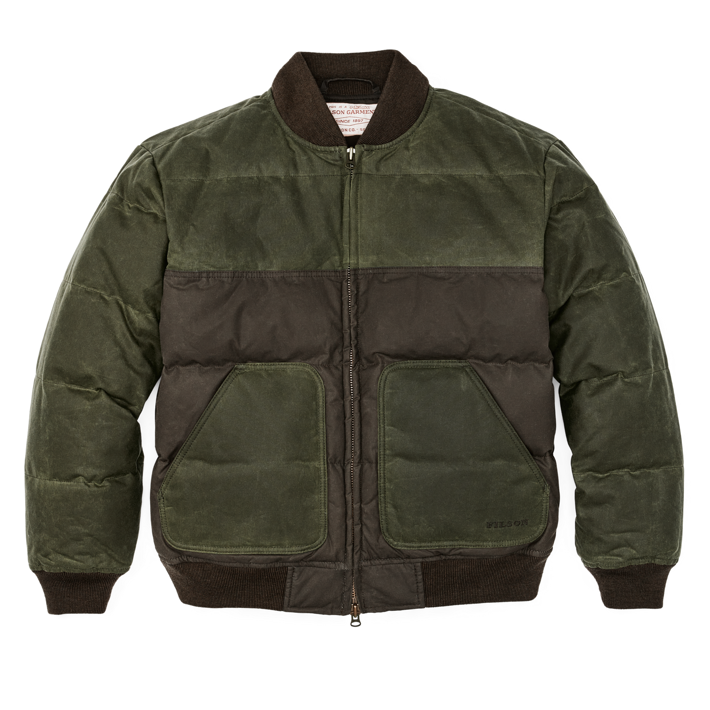 Front-facing image of the Filson Down Bomber Jacket - Otter Green