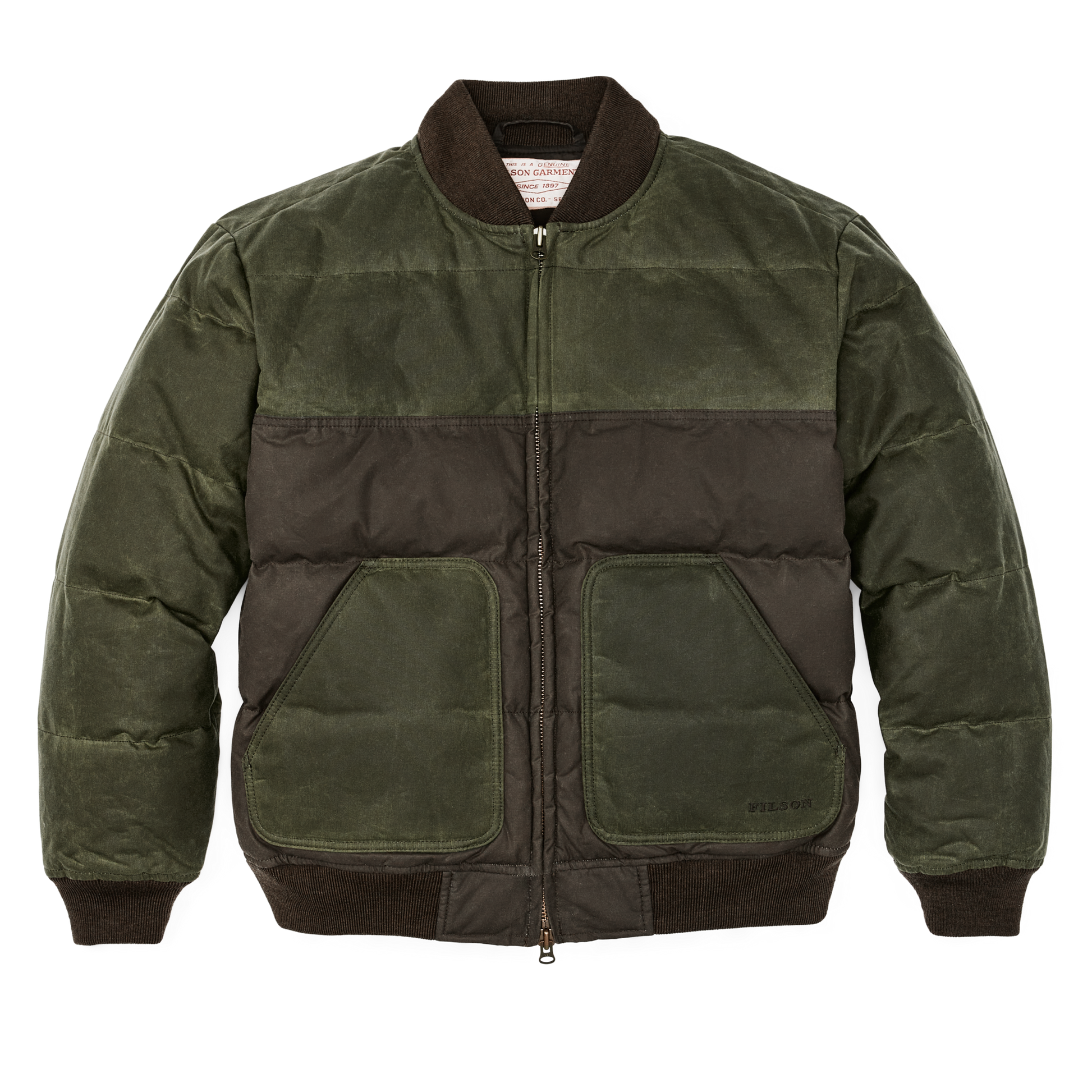 Front-facing image of the Filson Down Bomber Jacket - Otter Green