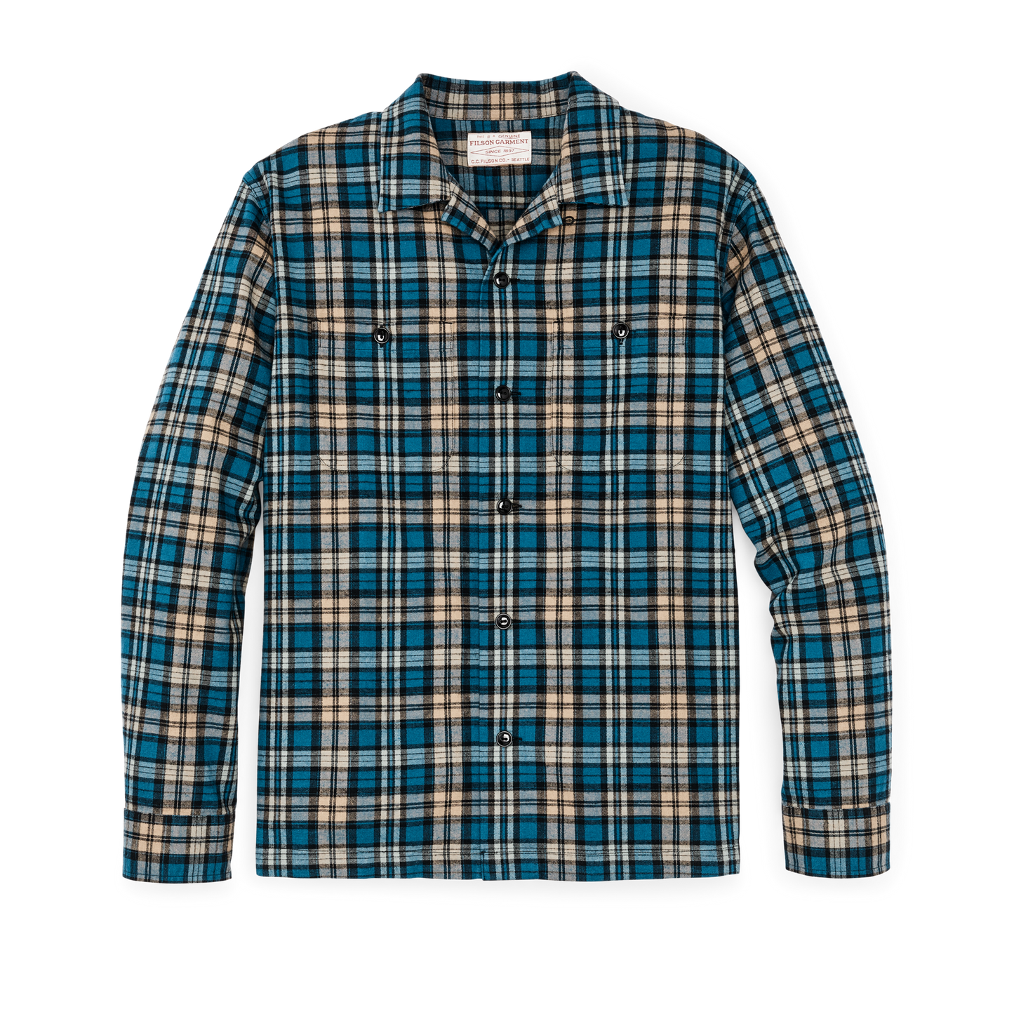 Front-facing image of the Filson Elk Heights Camp Shirt - Blue / Black / Khaki Plaid