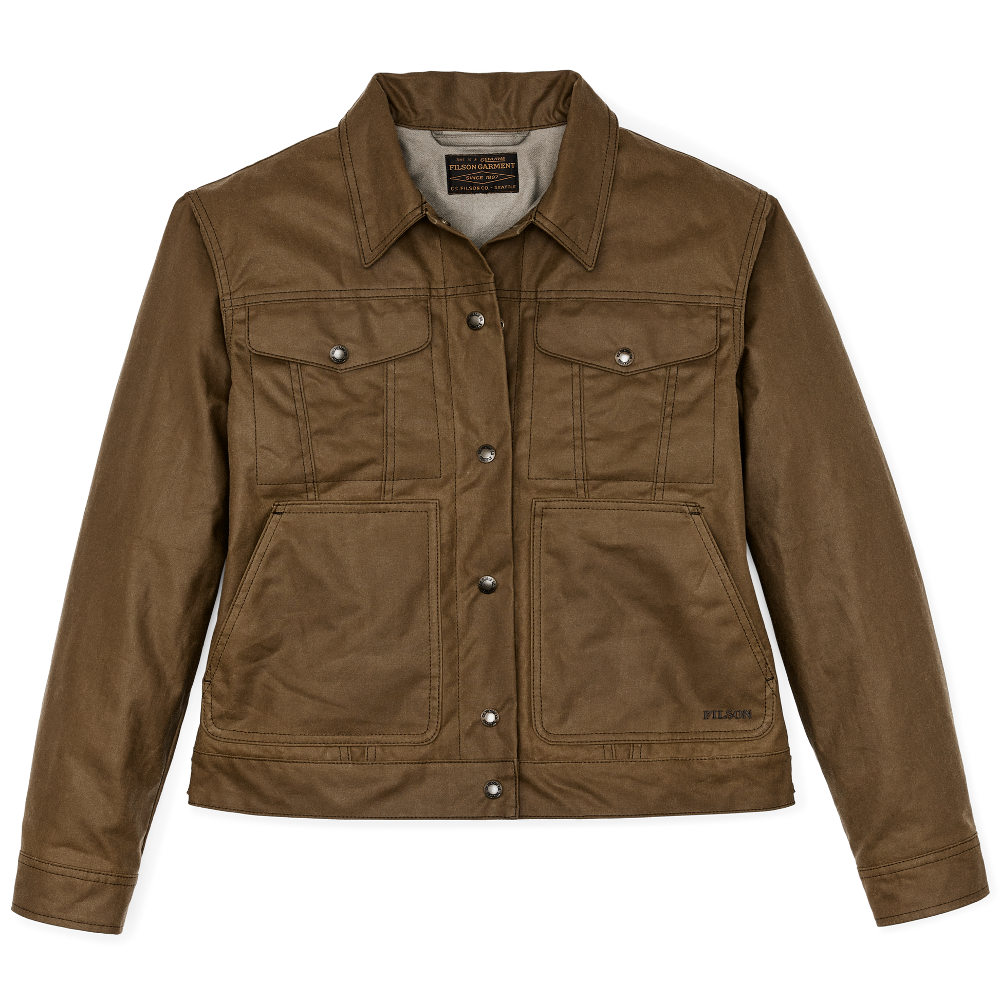 Front-facing image of the Filson Women's Short Lined Cruiser Jacket - Dark Tan