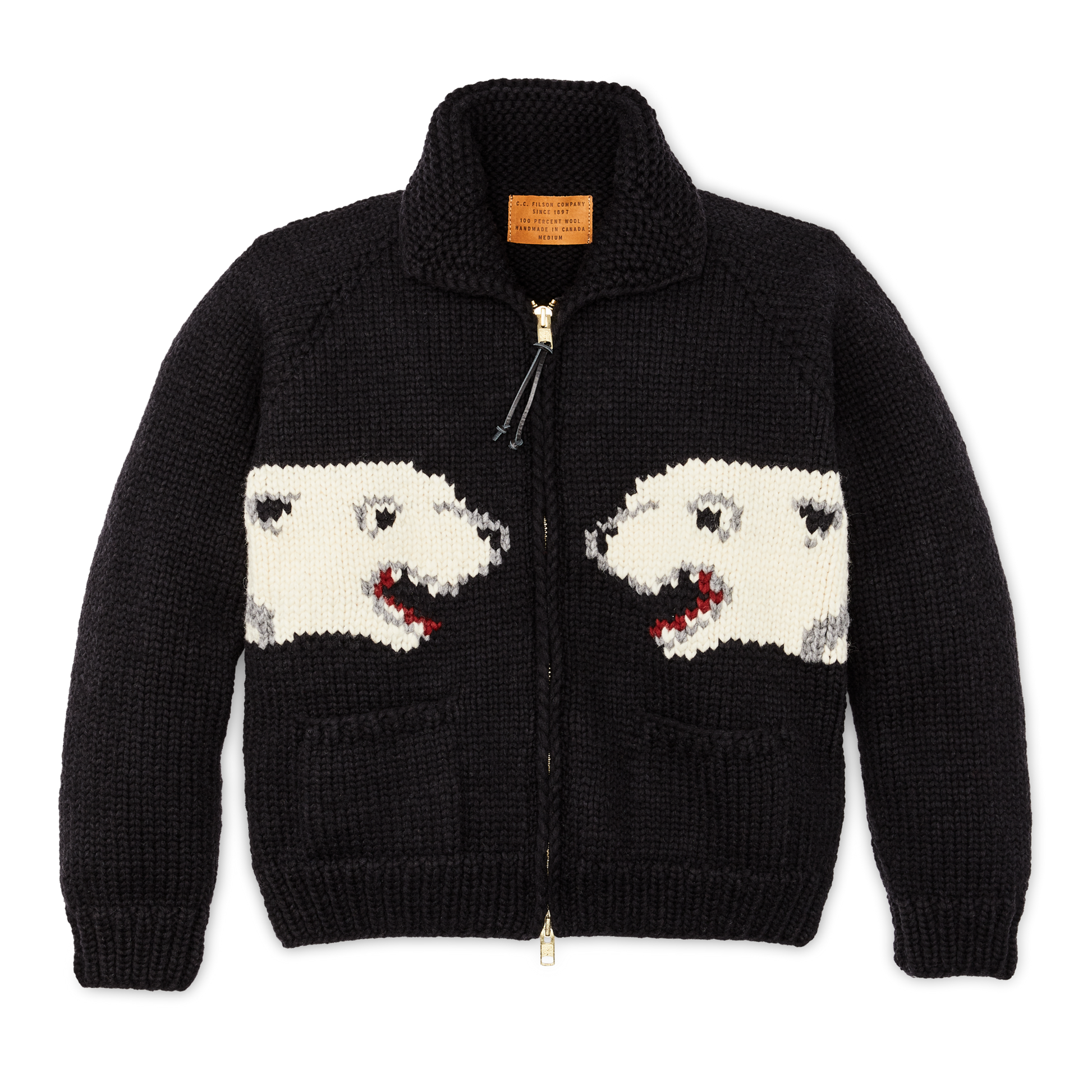 Front-facing image of the Filson Handmade Full-zip Sweater - Black / White Polar Bear