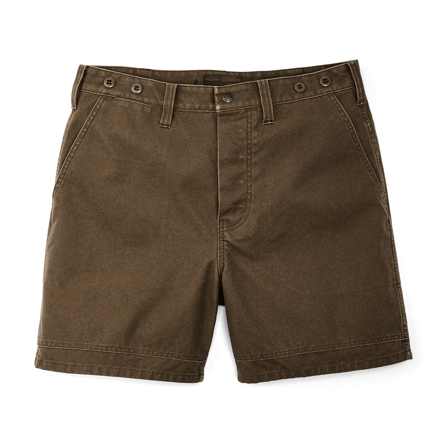 Front-facing image of the Filson Dry Tin Cloth Shorts - Marsh Olive