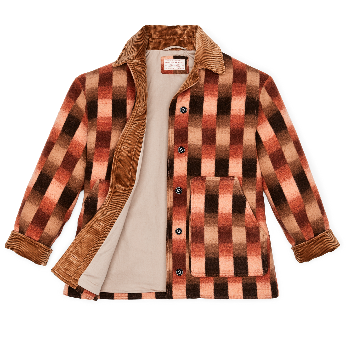 Alternate view of the Filson Women's Blanket Wool Barn Coat - Sunset Ombre Plaid