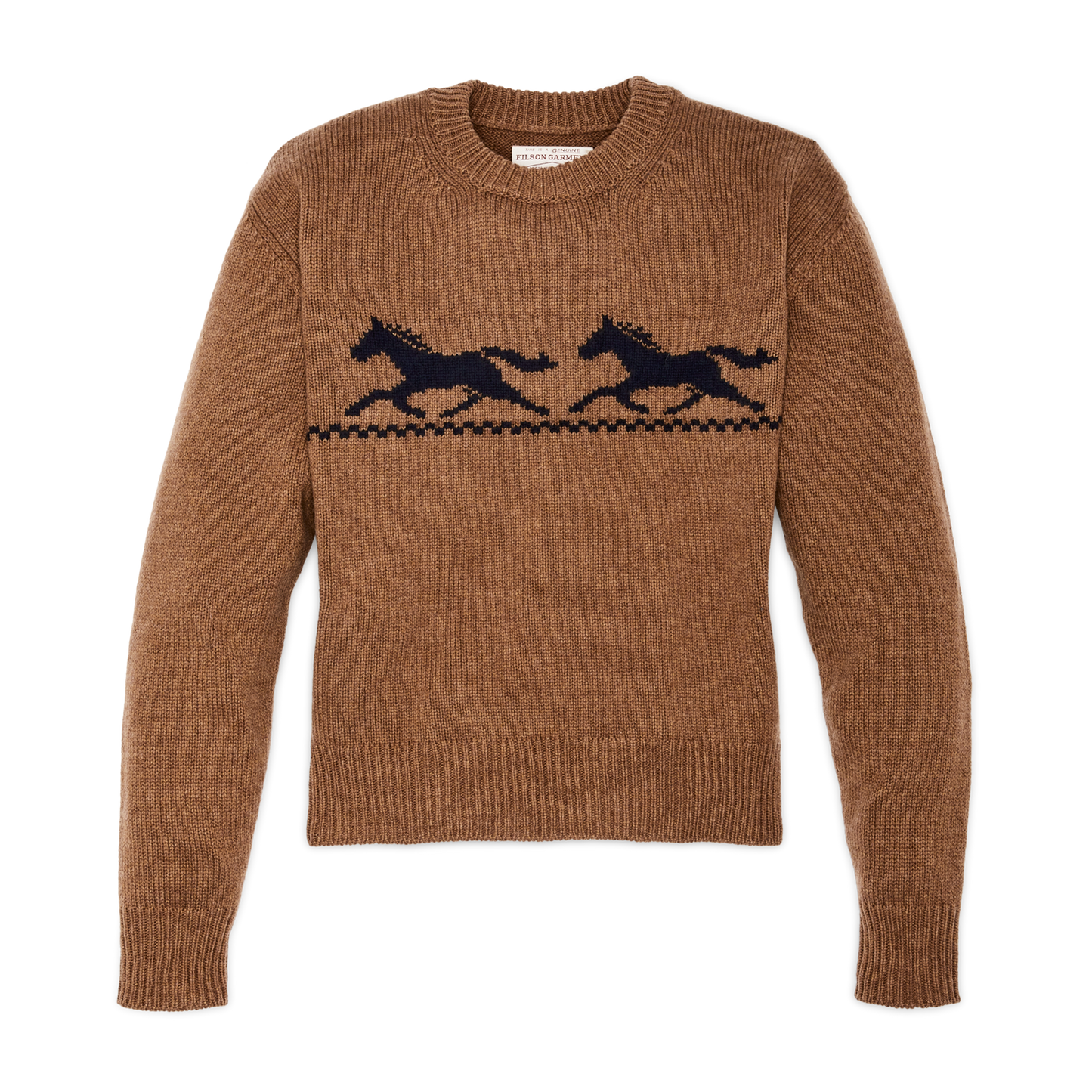 Front-facing image of the Filson Women's Wool Crewneck Sweater - Mustard / Horse