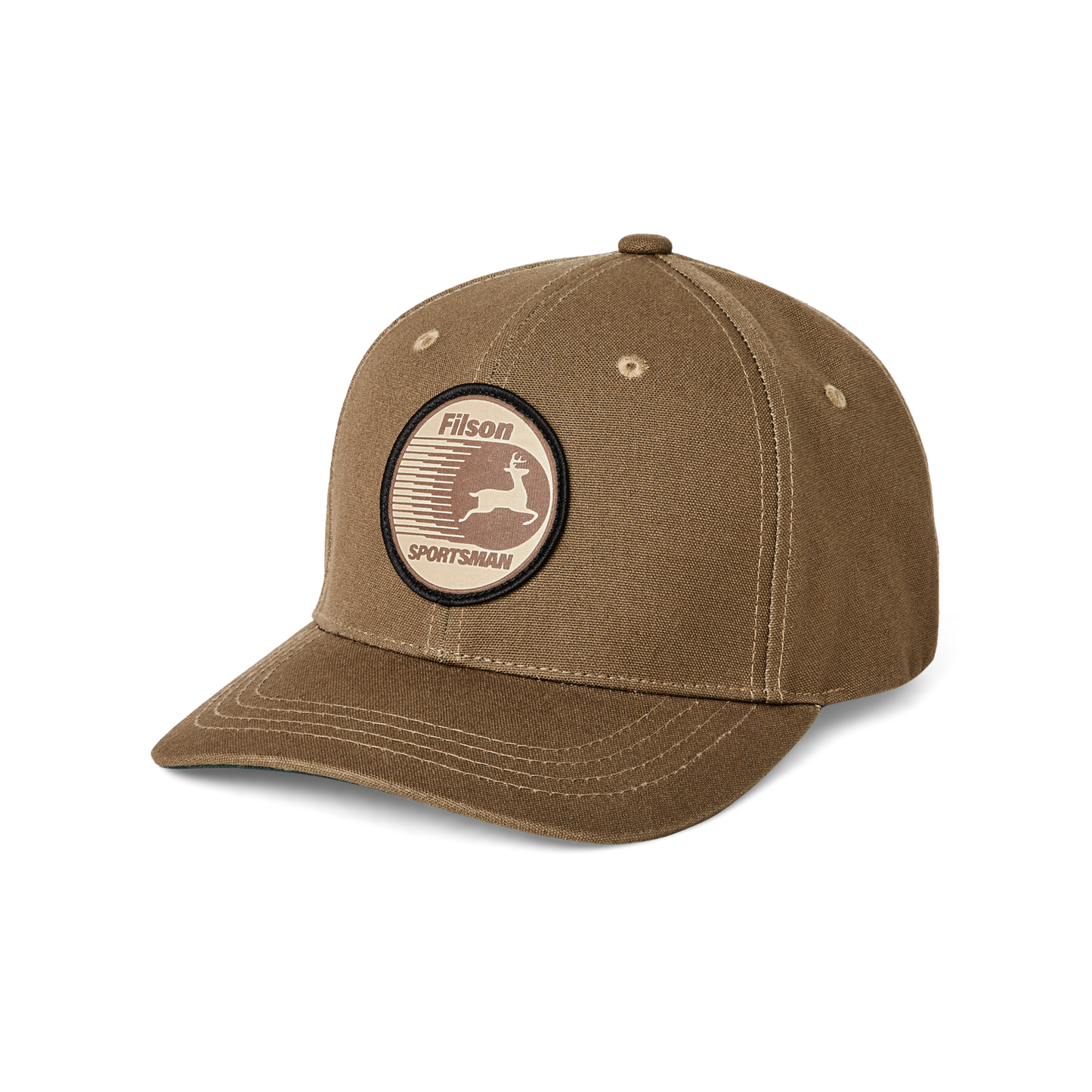 Front-facing image of the Filson Dry Tin Cloth Logger Cap - Marsh Olive / Sportsman