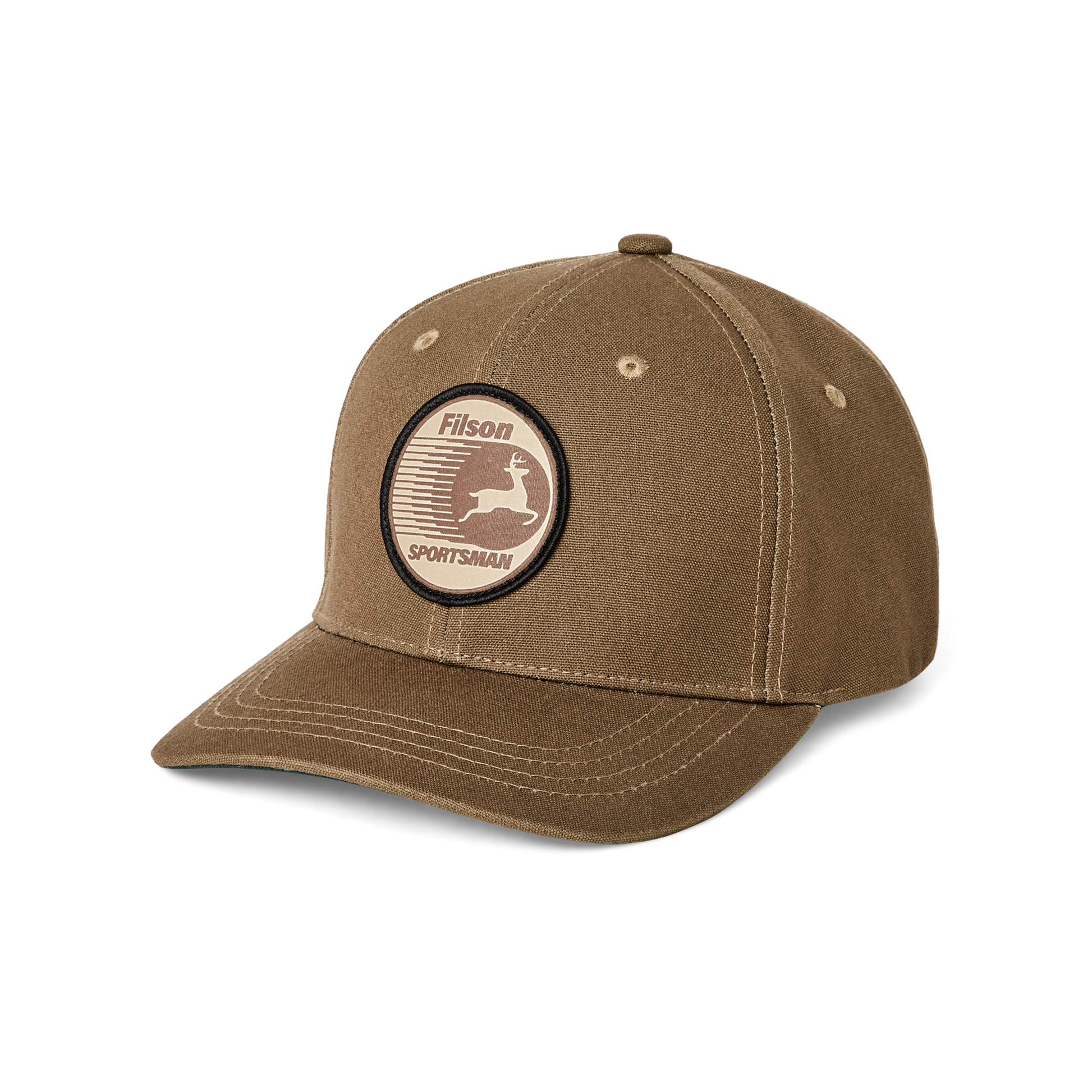 Front-facing image of the Filson Dry Tin Cloth Logger Cap - Marsh Olive / Sportsman