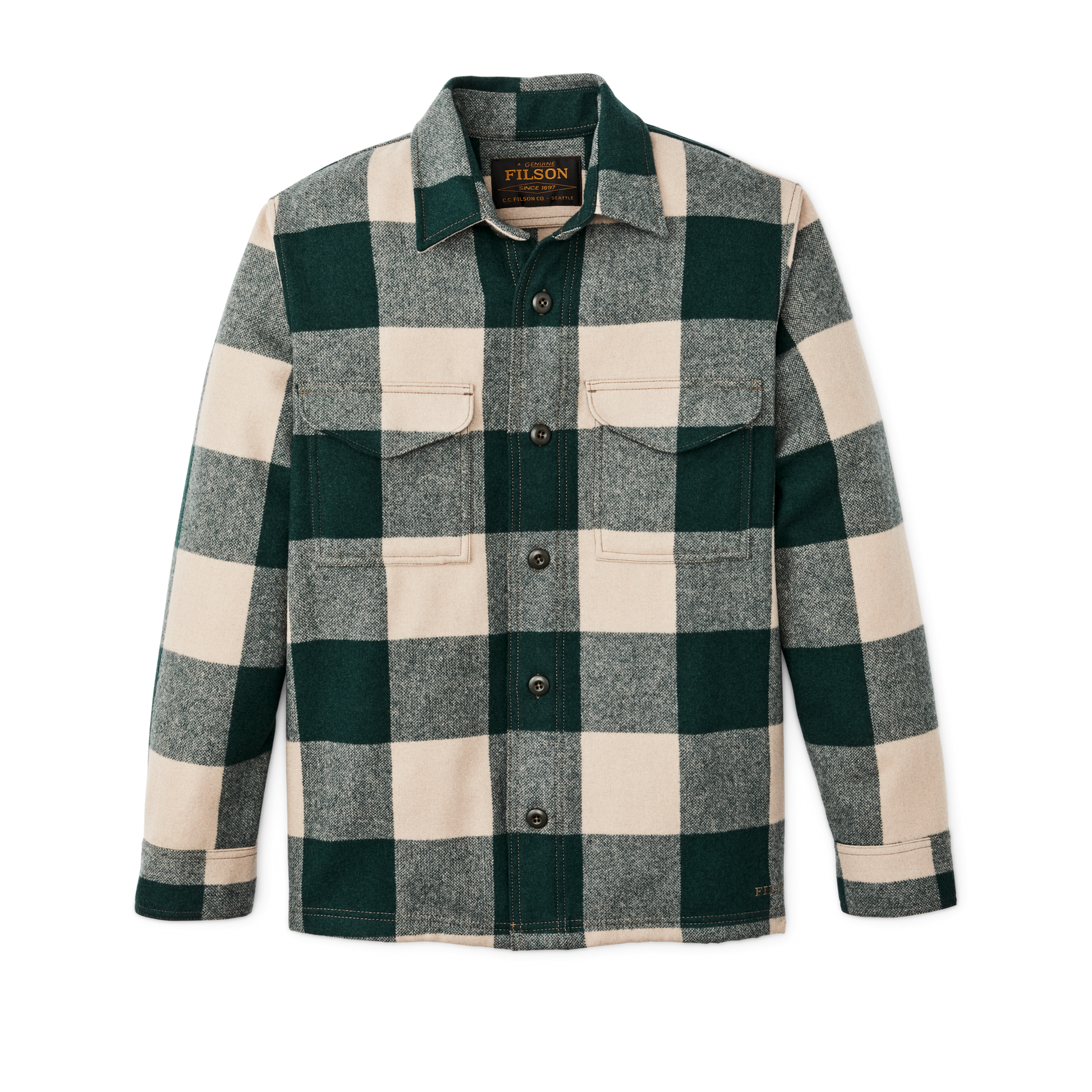 Front-facing image of the Filson Wool Jac-shirt - Pine / Beige Check