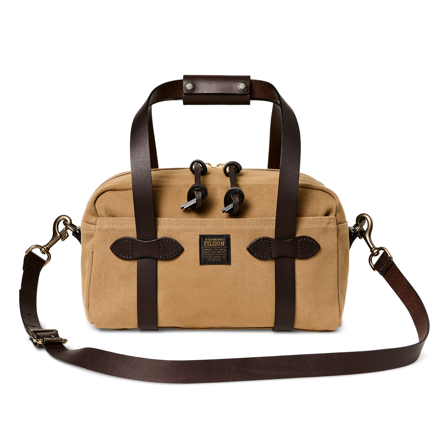 Front-facing image of the Filson Rugged Twill Xs Compact Duffle Bag - Tan