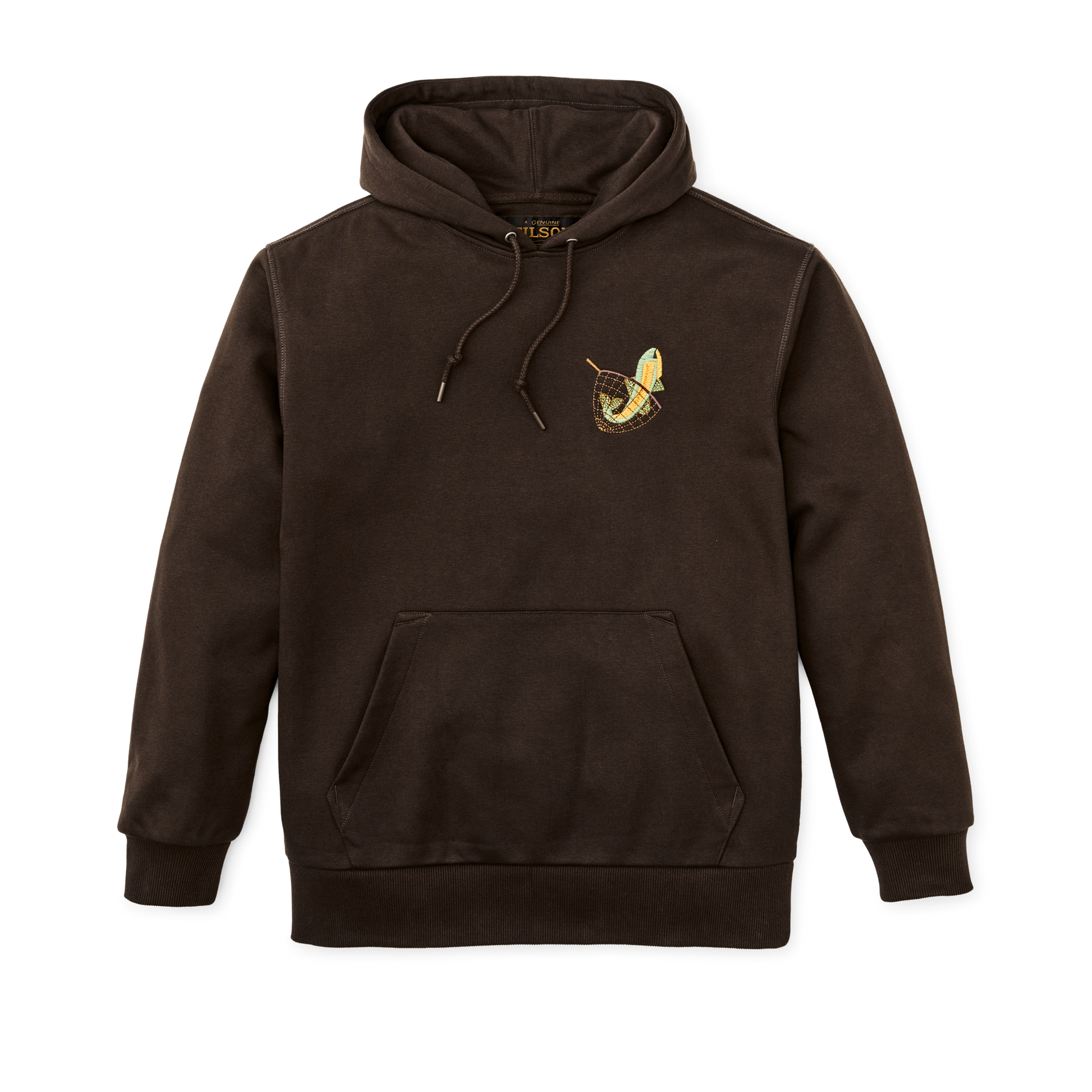 Front-facing image of the Filson Prospector Embroidered Hoodie - Dark Brown / Fishing