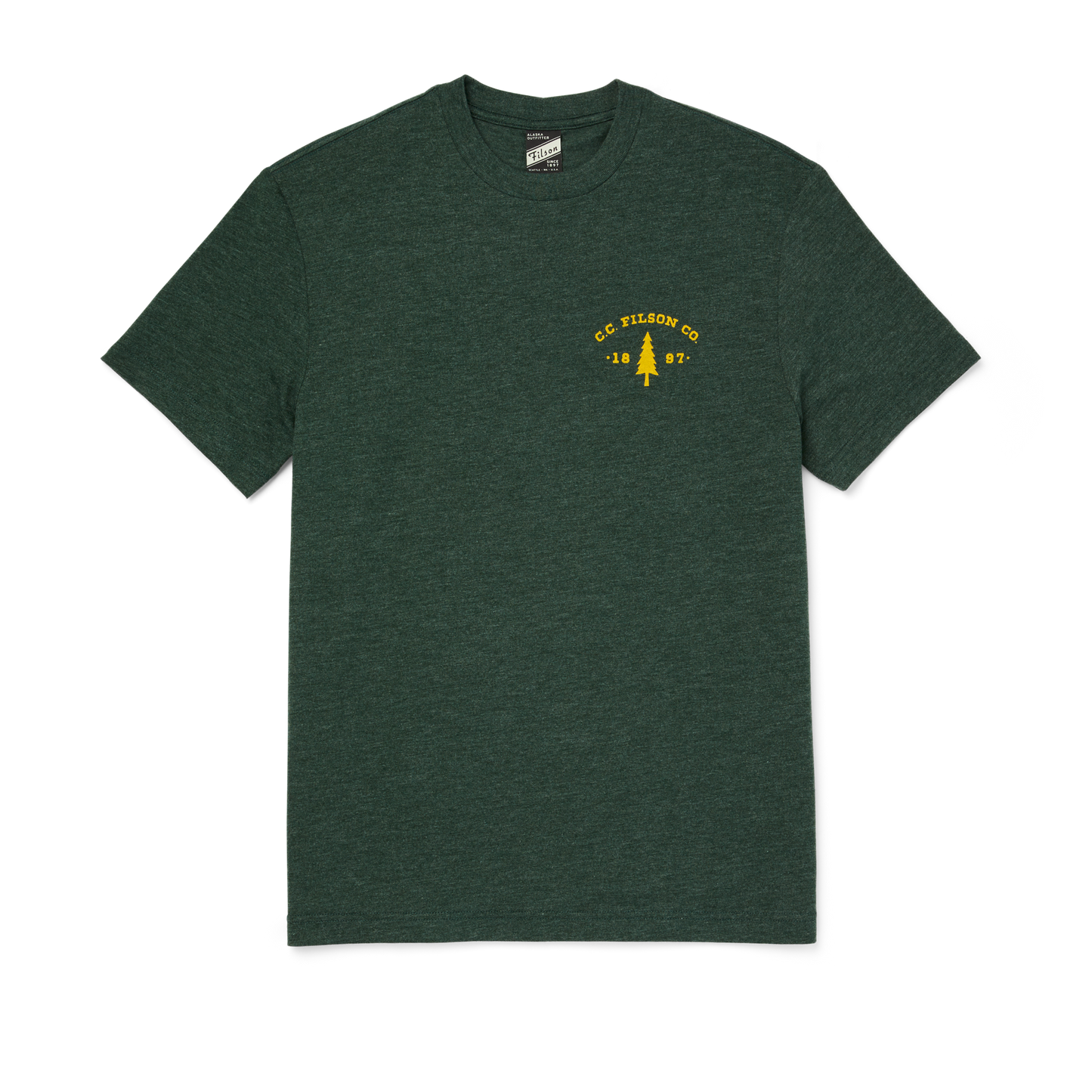 Front-facing image of the Filson Buckshot T-shirt - Dark Green Heather / Tree