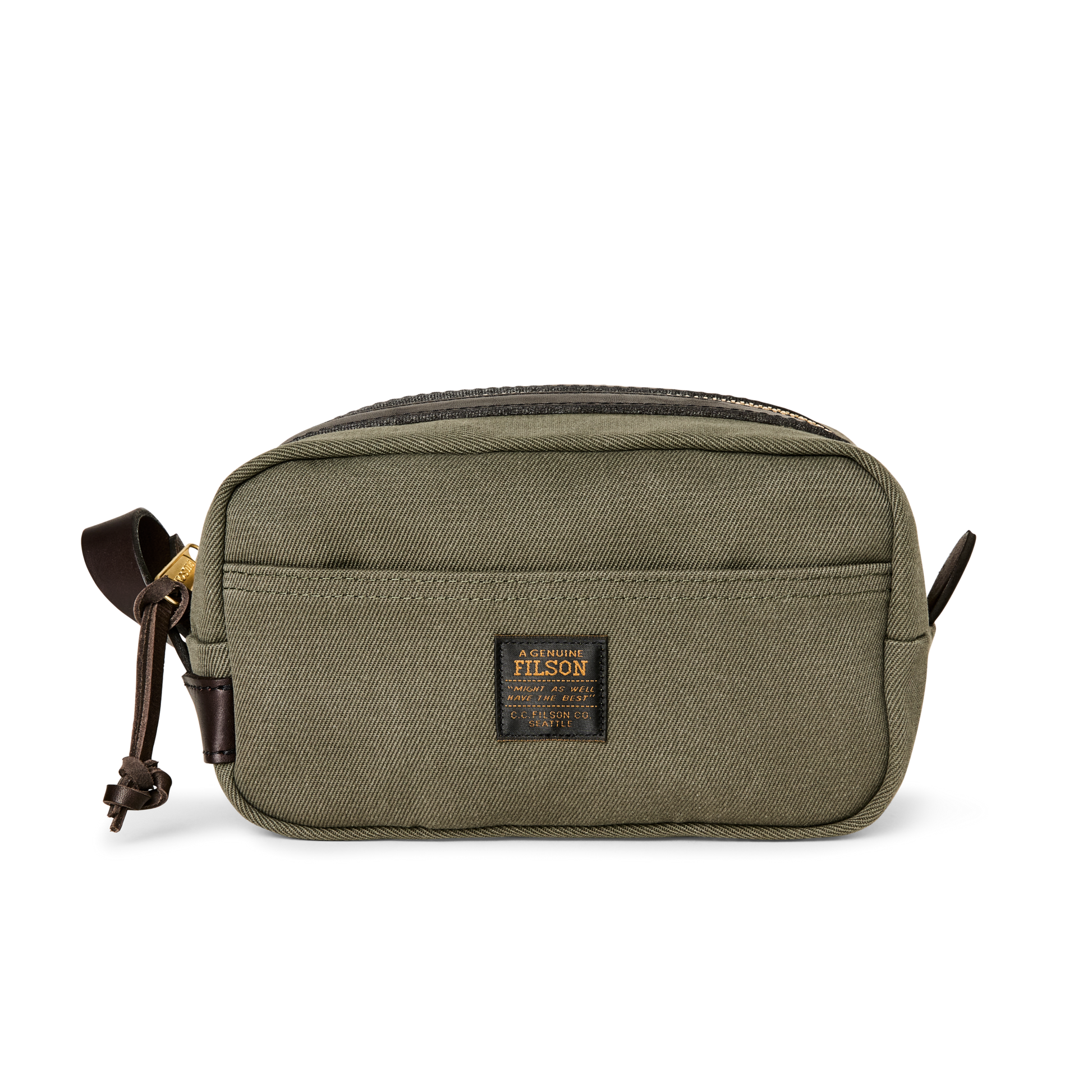 Front-facing image of the Filson Rugged Twill Travel Kit - Otter Green