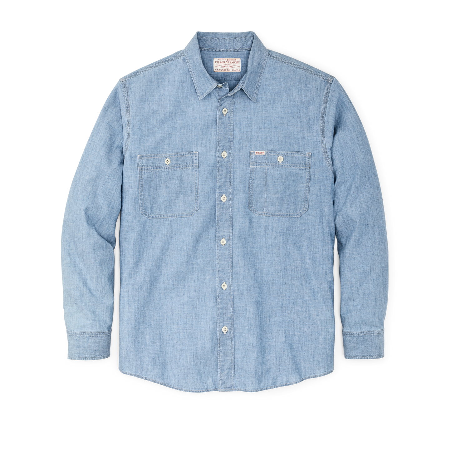 Front-facing image of the Filson Chambray Cpo Shirt - Light Indigo Chambray