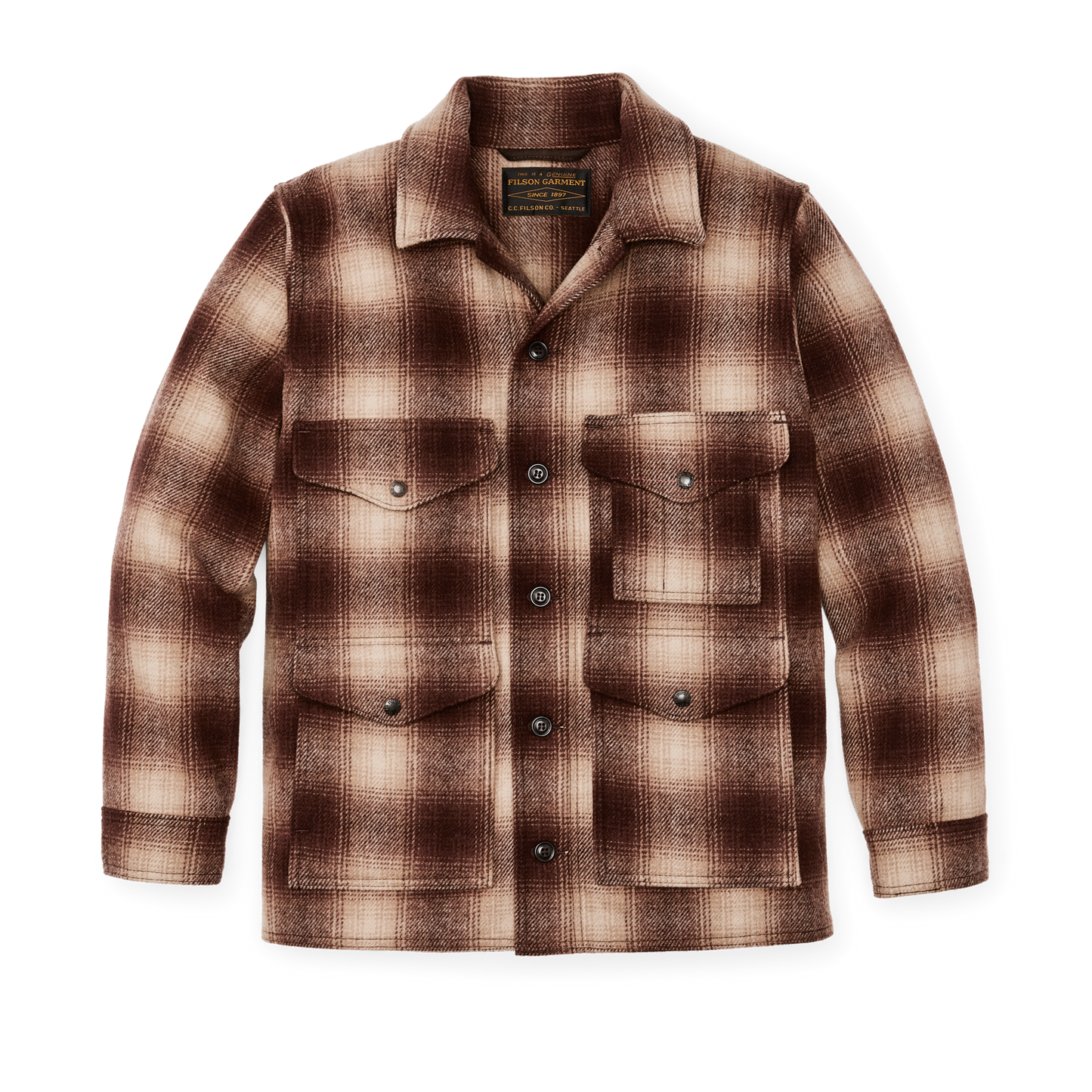 Front-facing image of the Filson Mackinaw Wool Cruiser Jacket - Brown / Tan Ombre