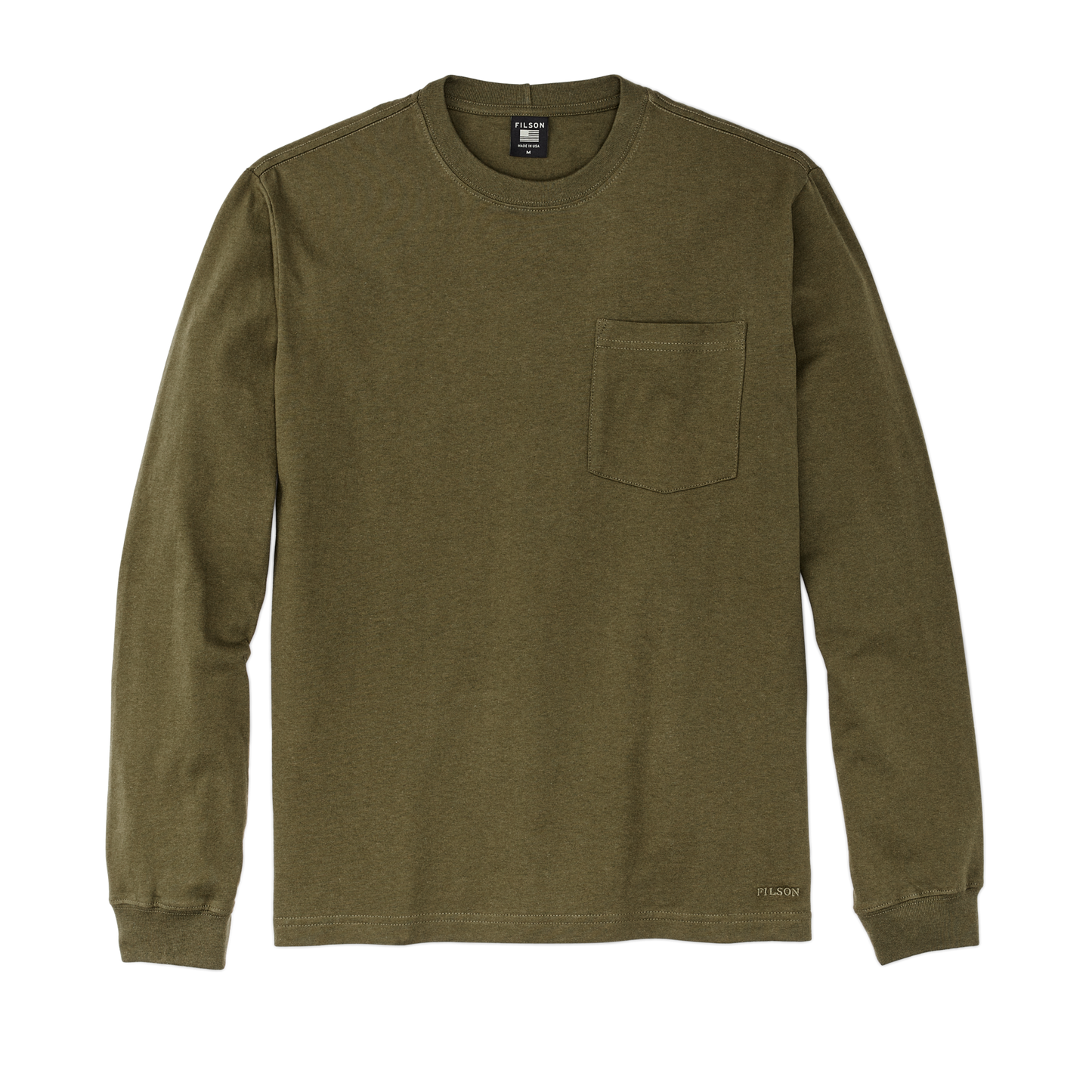 Front-facing image of the Filson Long Sleeve Pioneer Pocket T-shirt - Dark Olive