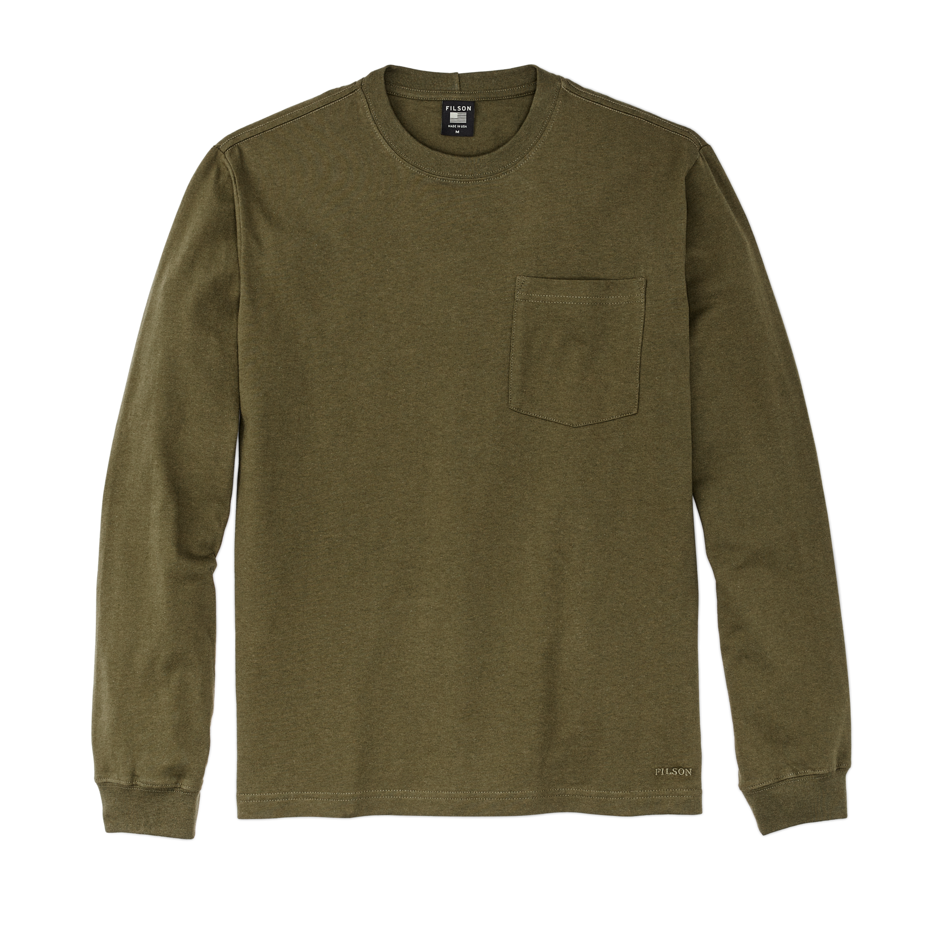 Front-facing image of the Filson Long Sleeve Pioneer Pocket T-shirt - Dark Olive