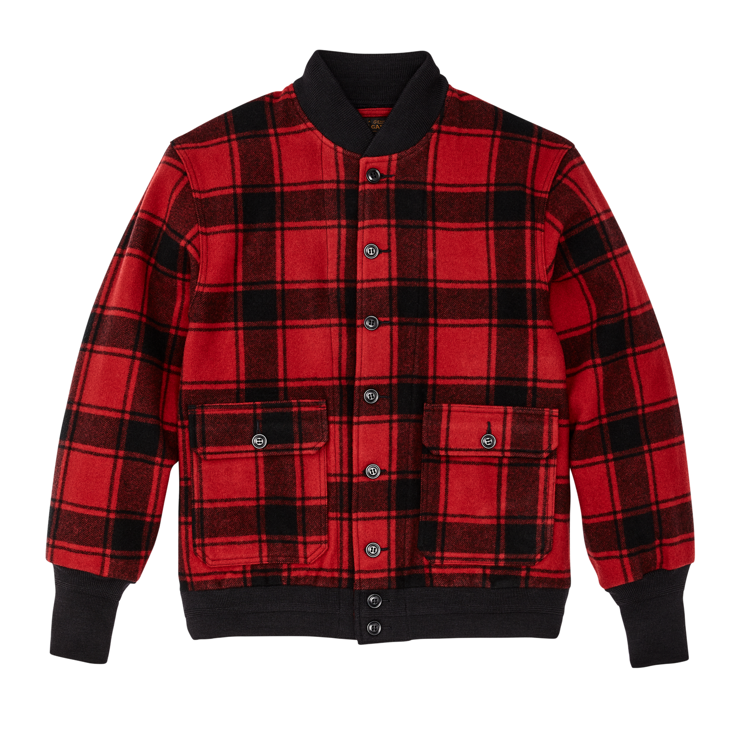 Front-facing image of the Filson Ccc Wool Bomber - Red Black Plaid