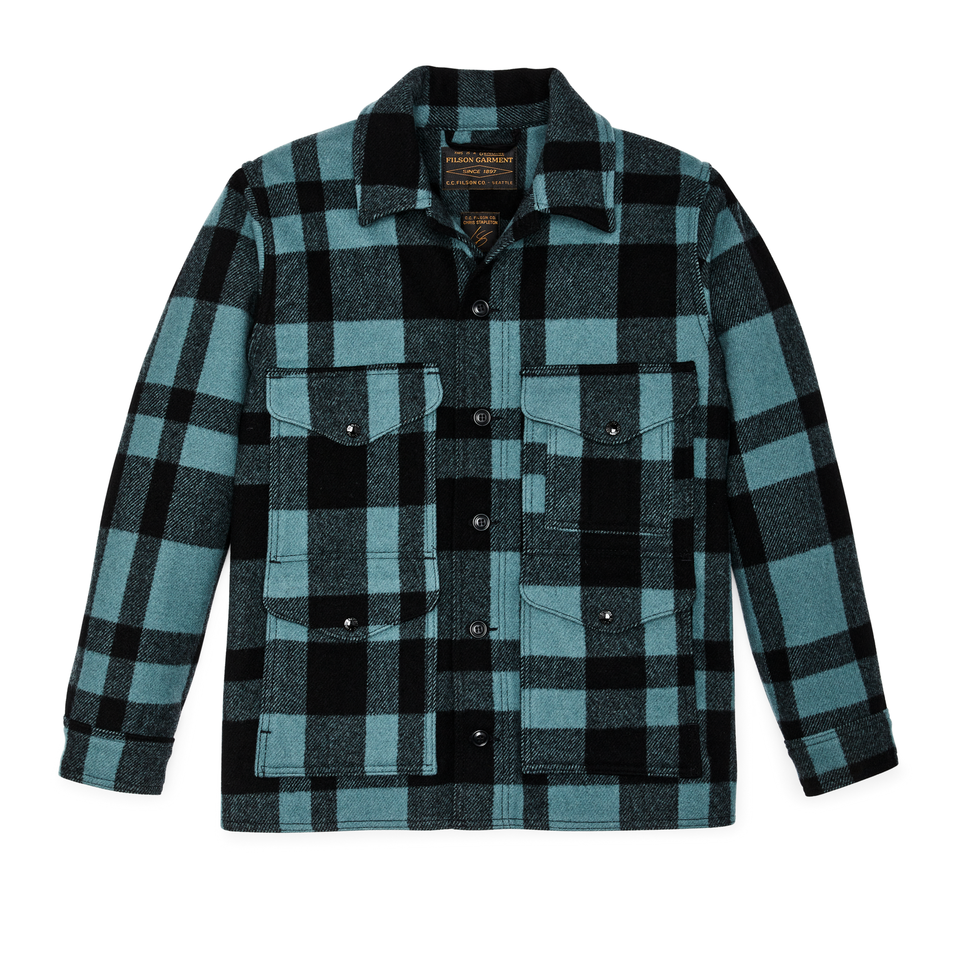 Front-facing image of the Filson Chris Stapleton Signature Mackinaw Wool Cruiser - Faded Blue / Black Heritage Plaid