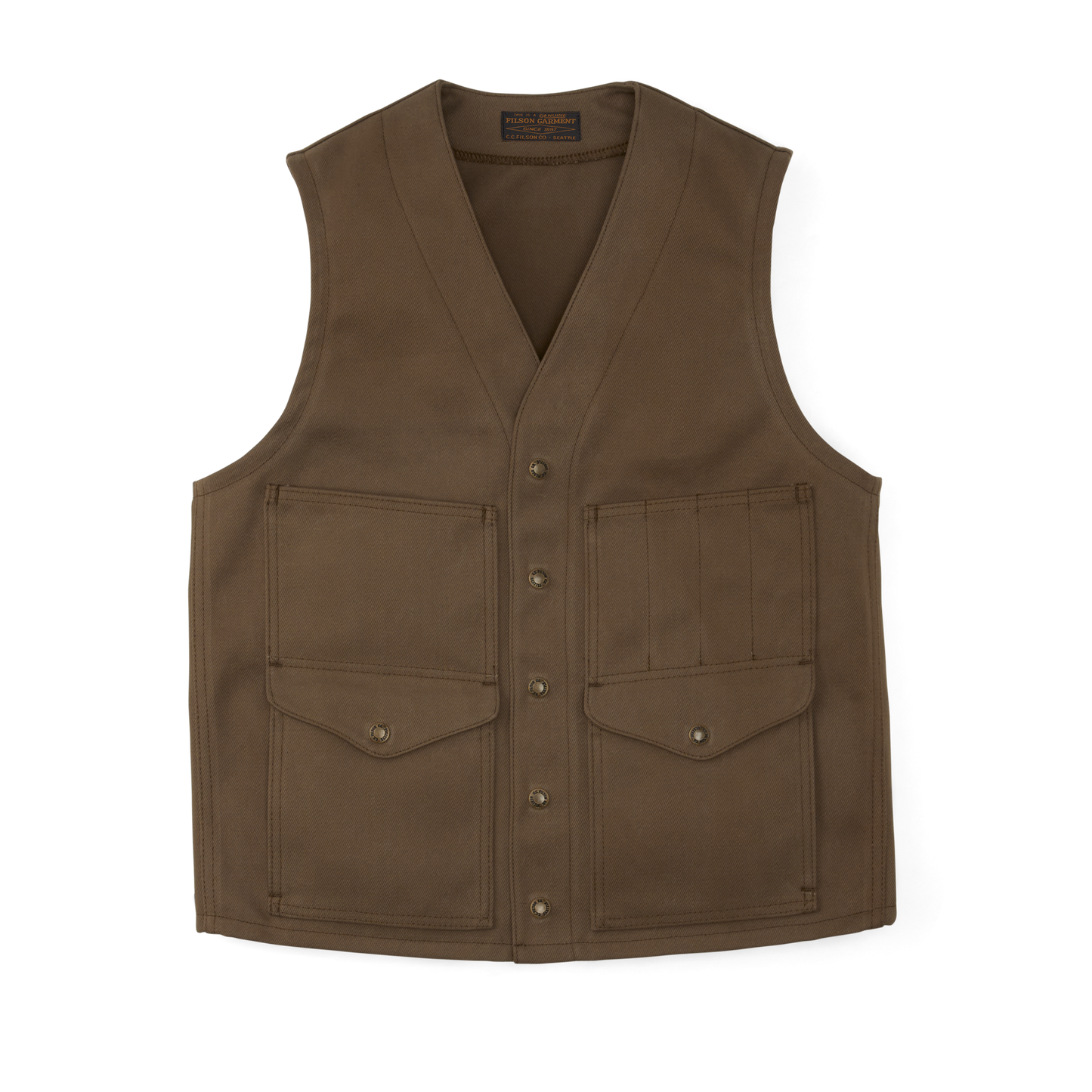 Front-facing image of the Filson Rugged Twill Cruiser Vest - Sepia