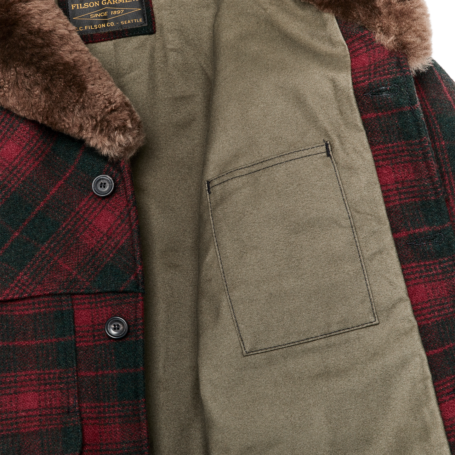 Alternate view of the Filson Lined Mackinaw Wool Packer Coat - Burgundy / Dark Olive Plaid