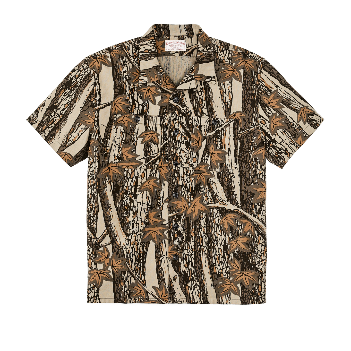 Front-facing image of the Filson Rustic Short Sleeve Camp Shirt - Maple Bark Camo / Tan