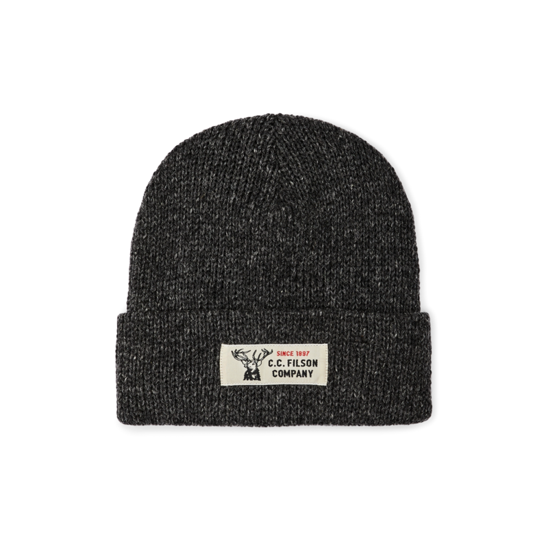 main image of filson's lined ragg wool beanie, a wool beanie, shown in charcoal black