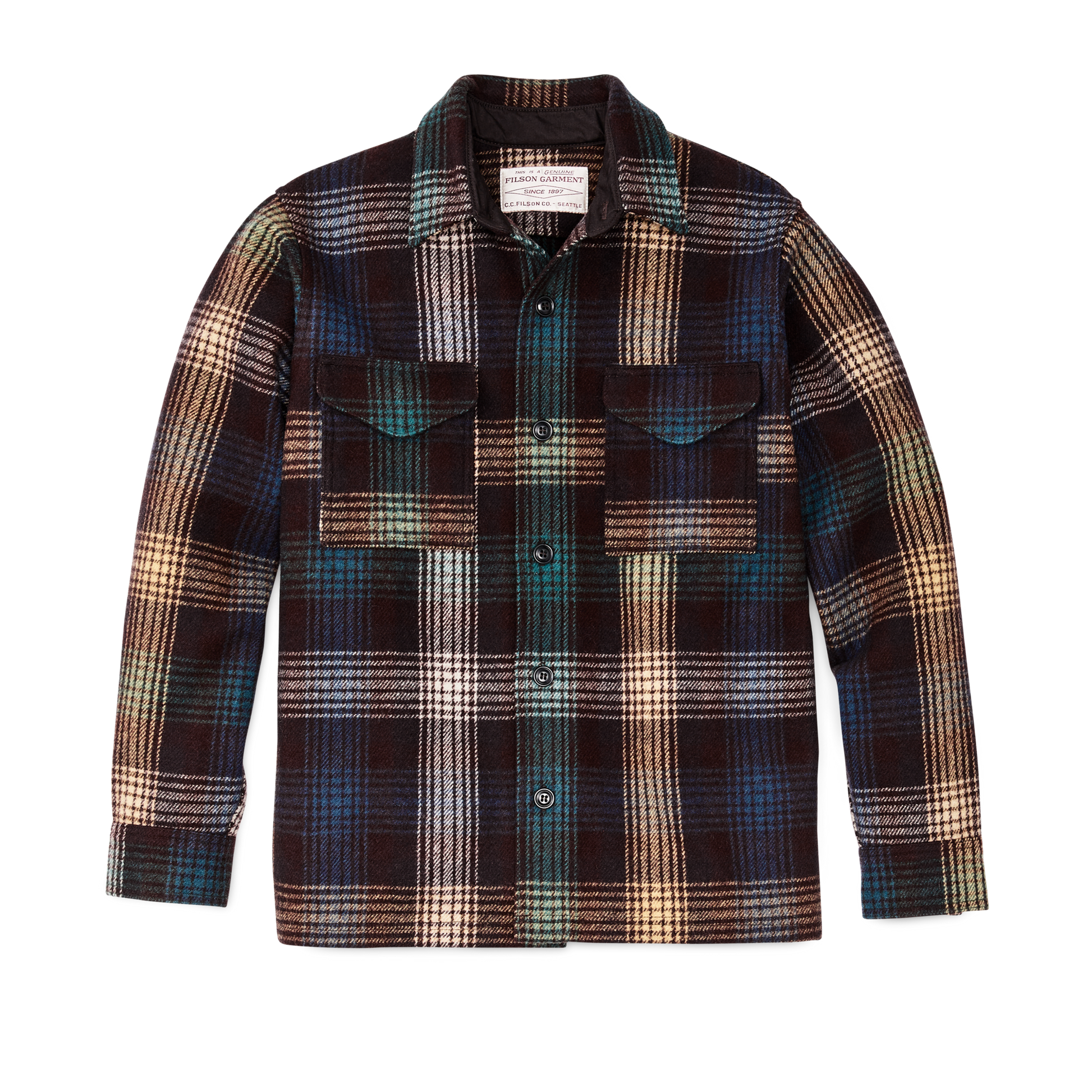 Front-facing image of the Filson Mackinaw Wool Jac-shirt - Black Coffee Multi Plaid