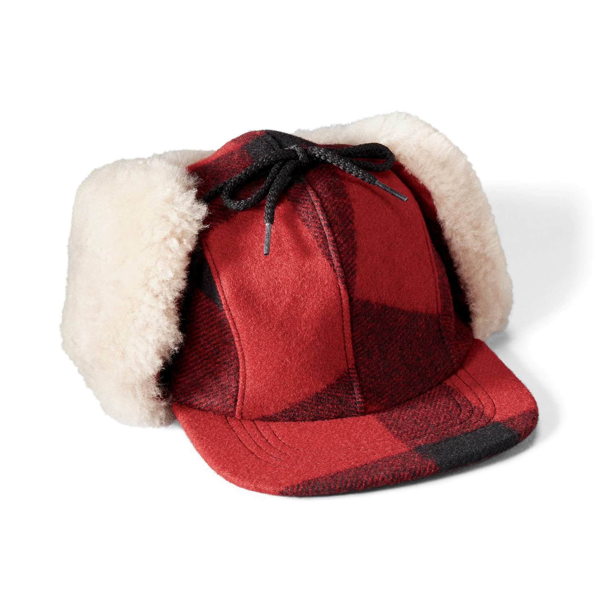 Front-facing image of the Filson Double Mackinaw Wool Cap - Red Black Plaid/birch