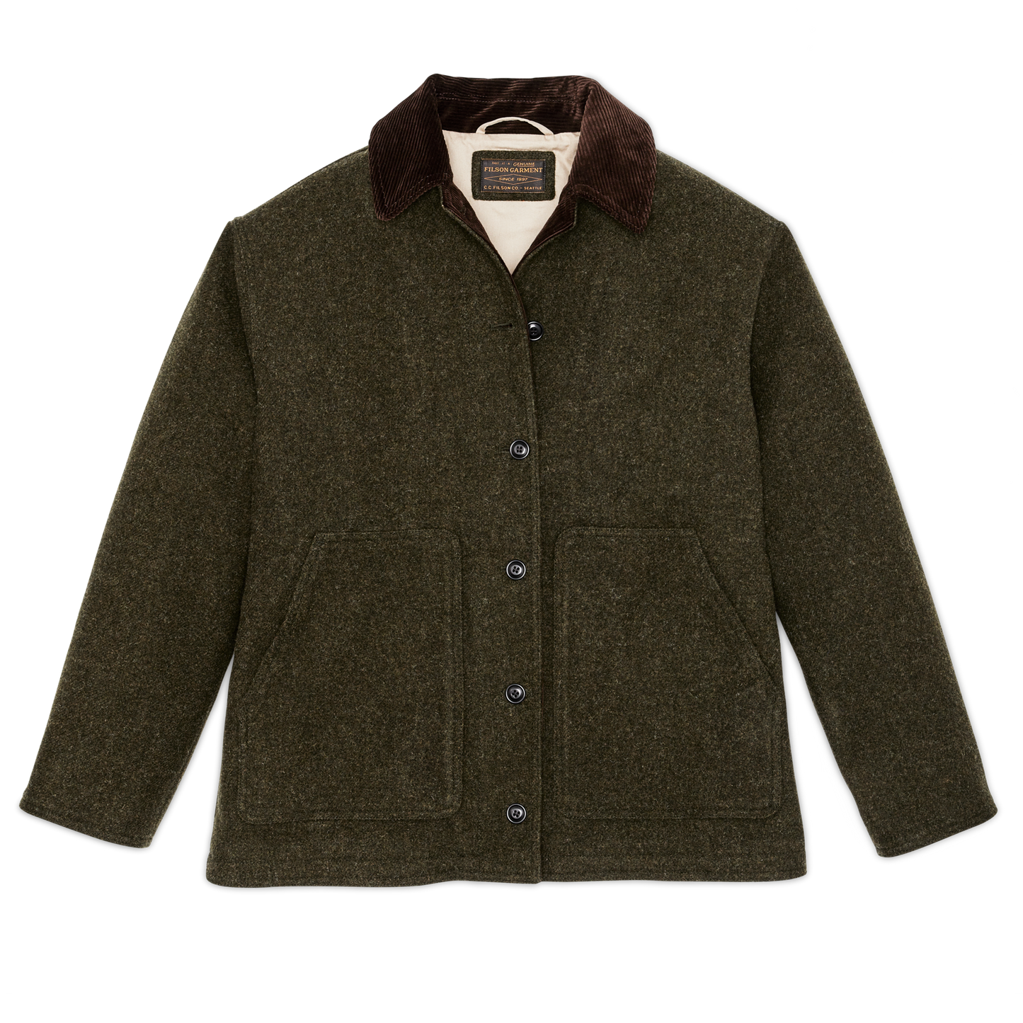 Front-facing image of the Filson Women's Mackinaw Wool Barn Coat - Forset Green