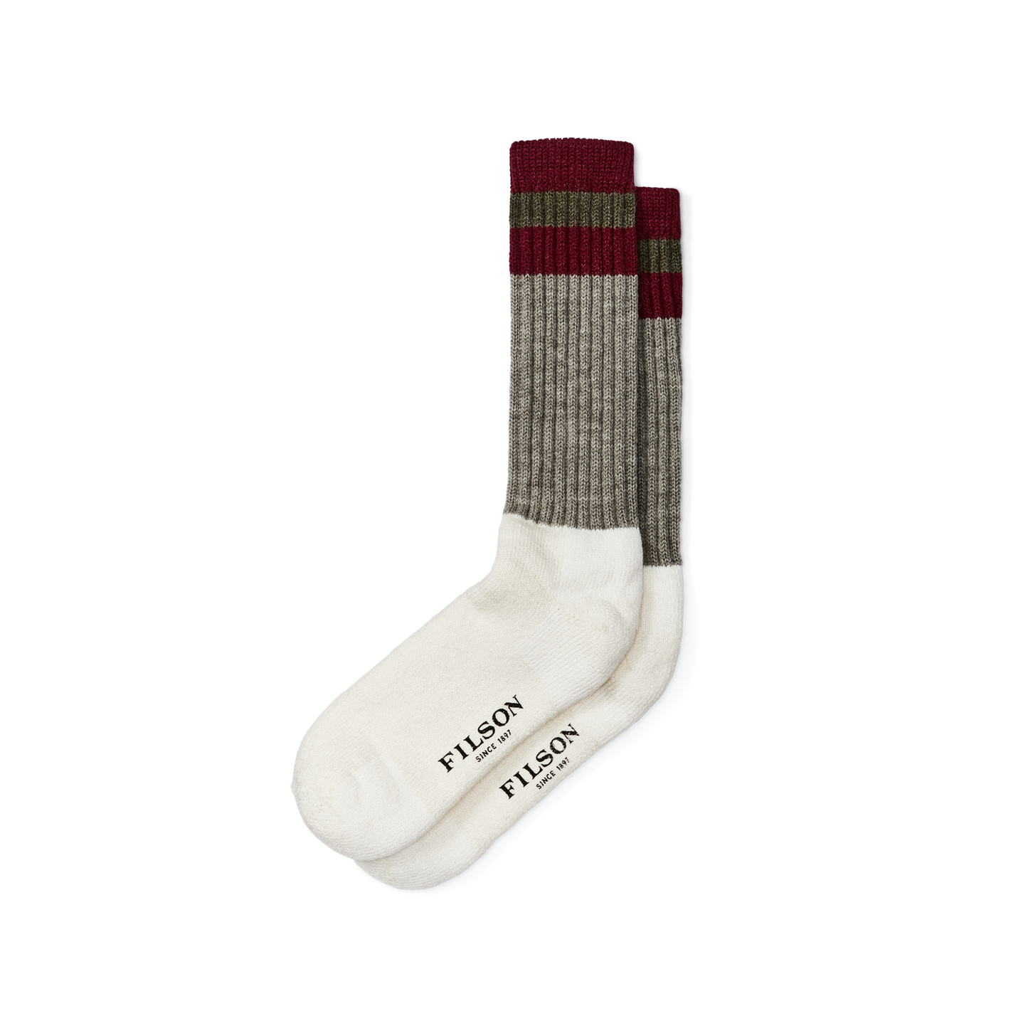 Front-facing image of the Filson 1970s Logger Thermal Socks - Forest / Maroon