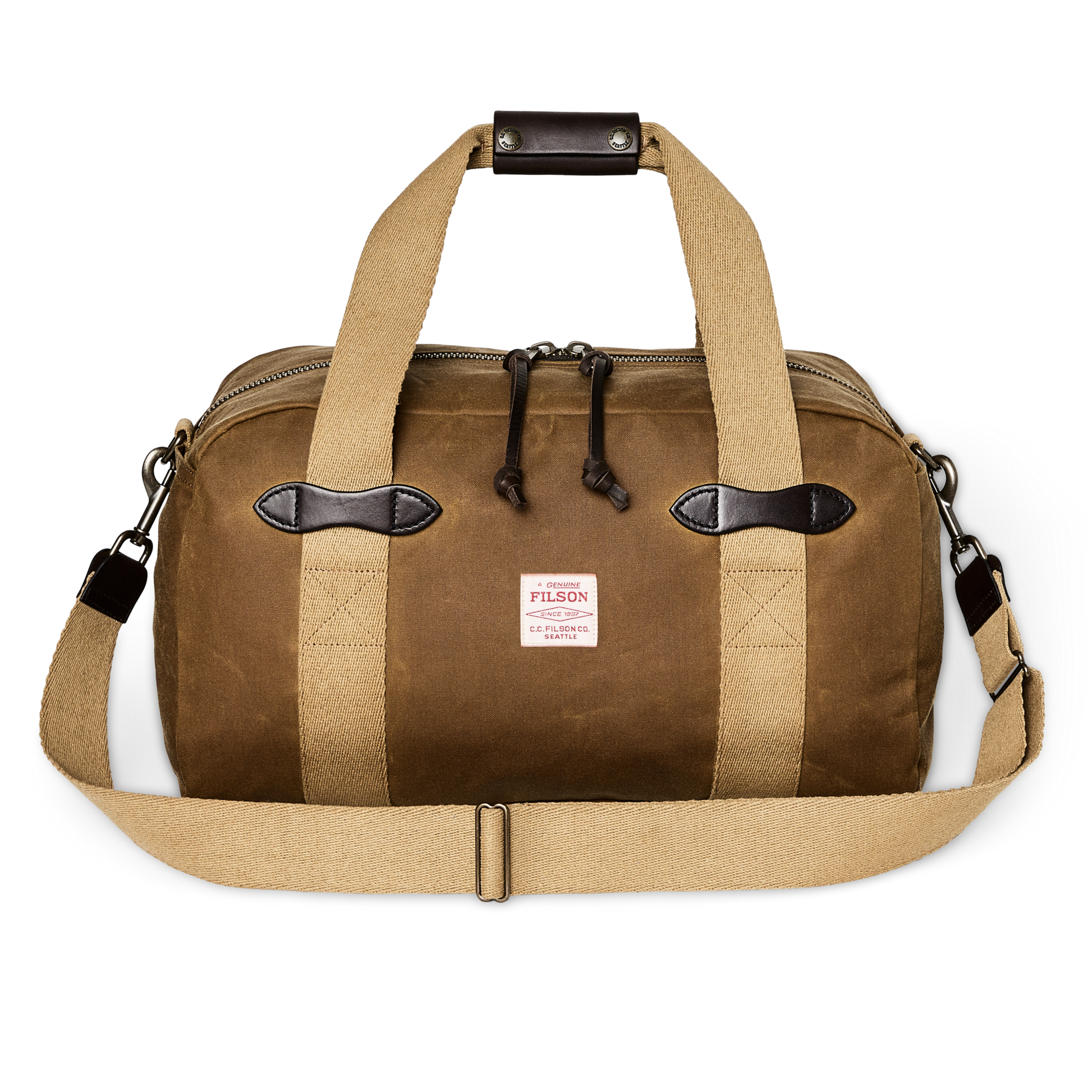 Front-facing image of the Filson Small Tin Cloth Duffle Bag - Dark Tan