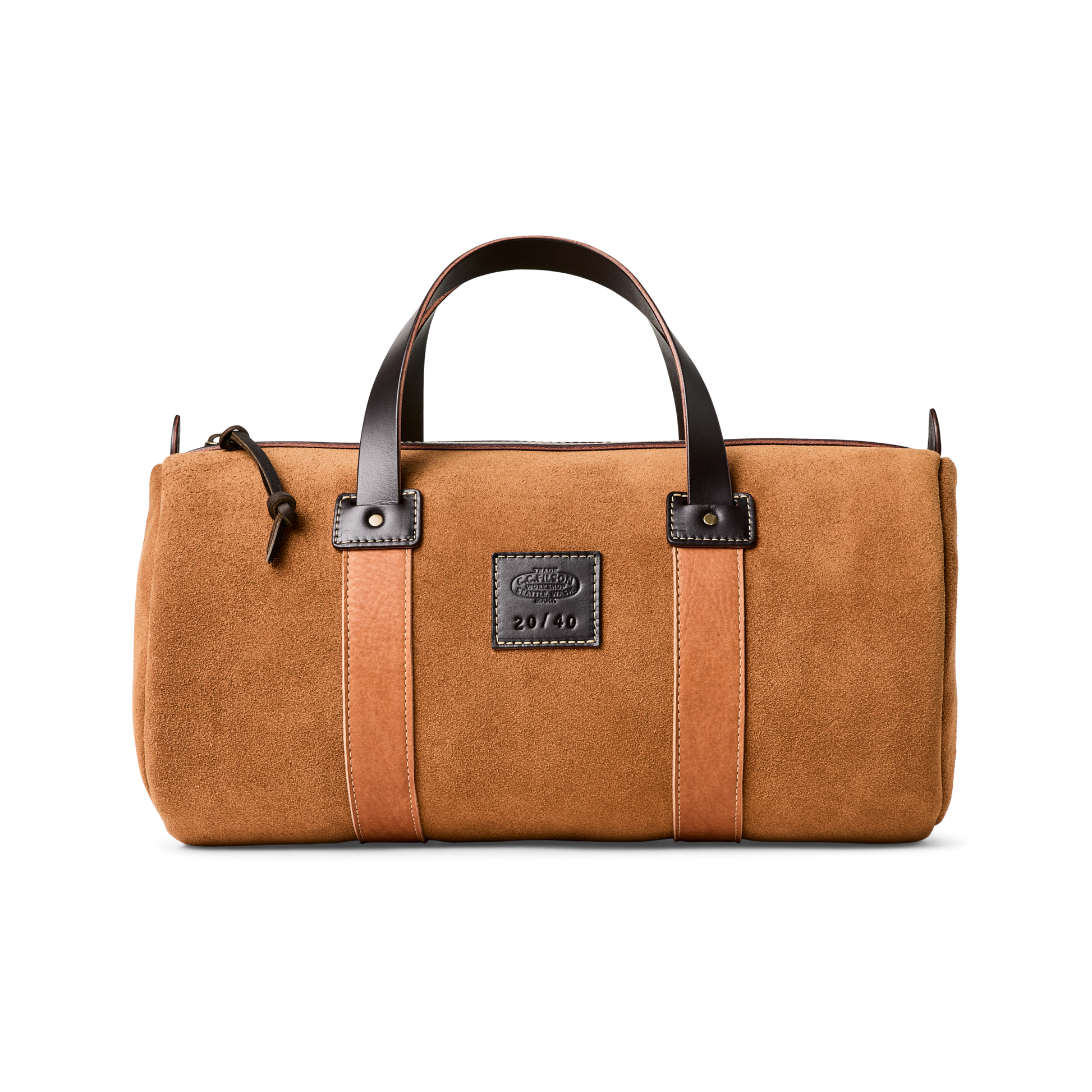 Front-facing image of the Filson Filson Workshop Suede Duffle Bag - Saddle Brown