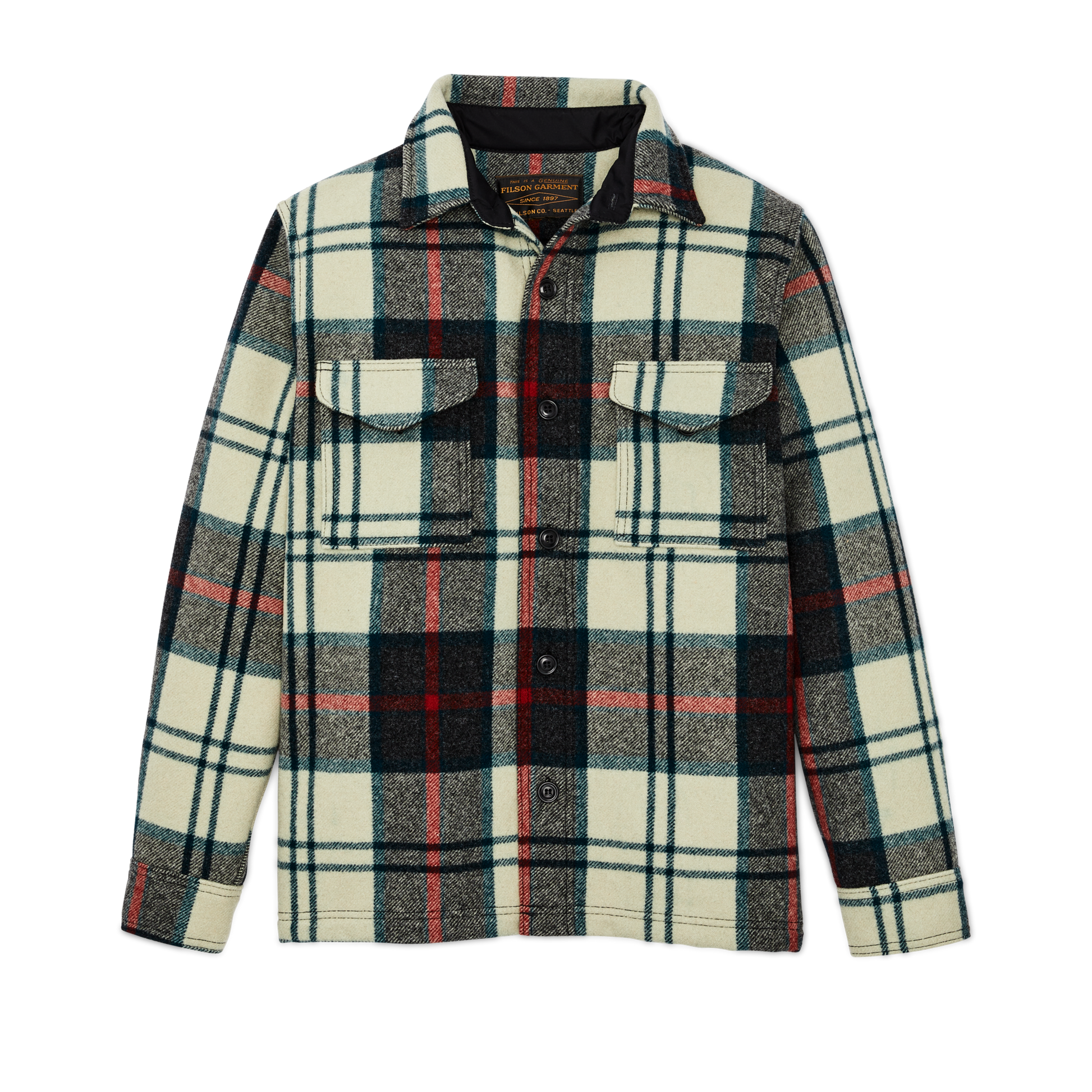 Front-facing image of the Filson Mackinaw Wool Jac-shirt - Cream / Multi Plaid