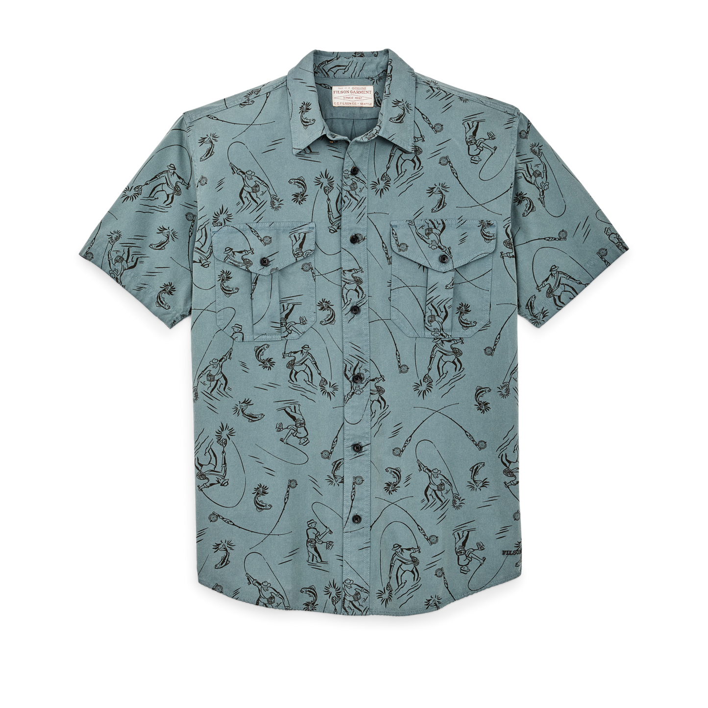 Front-facing image of the Filson Short Sleeve Lightweight Alaskan Guide Shirt  - Blue Gray / Fly Fishing