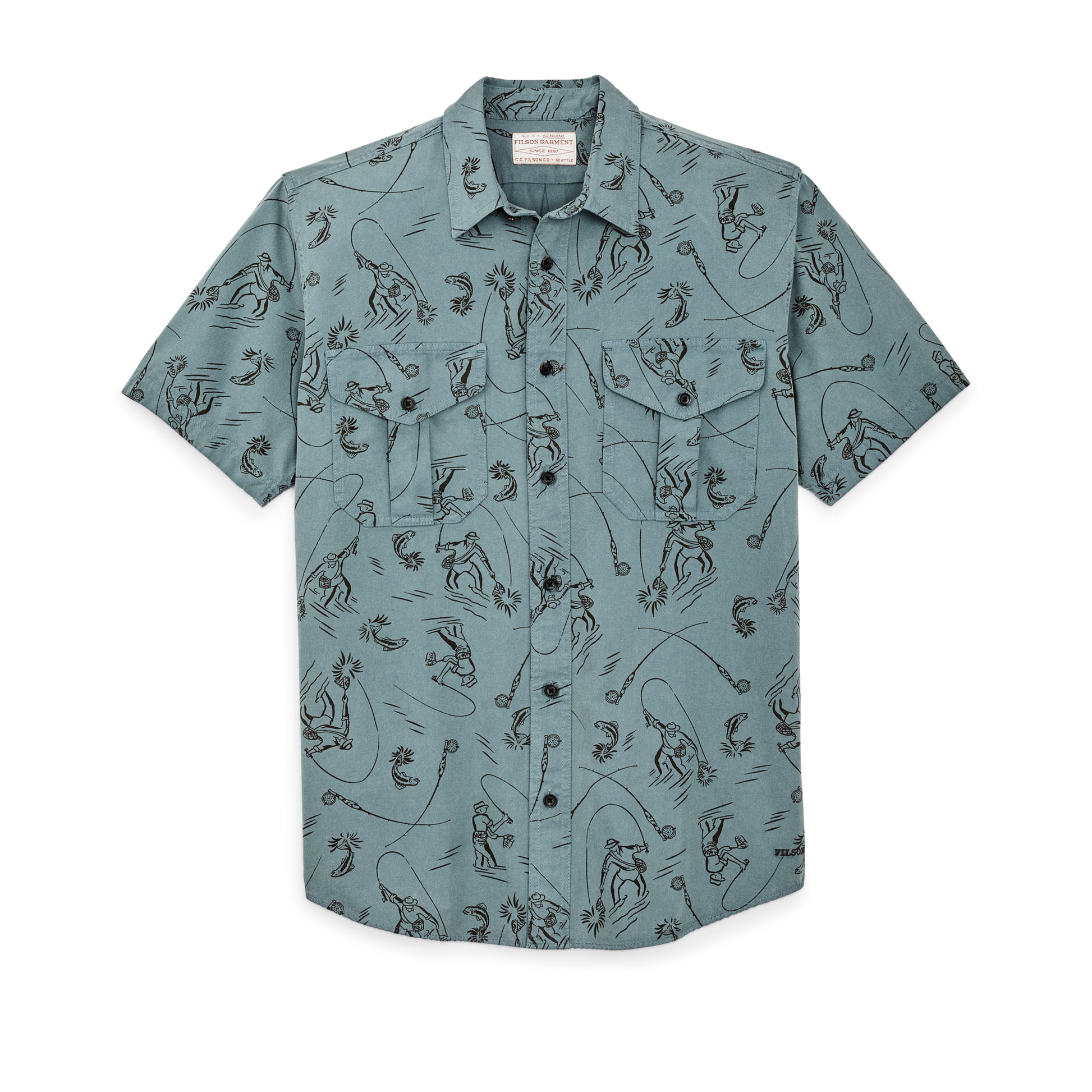 Front-facing image of the Filson Short Sleeve Lightweight Alaskan Guide Shirt  - Blue Gray / Fly Fishing