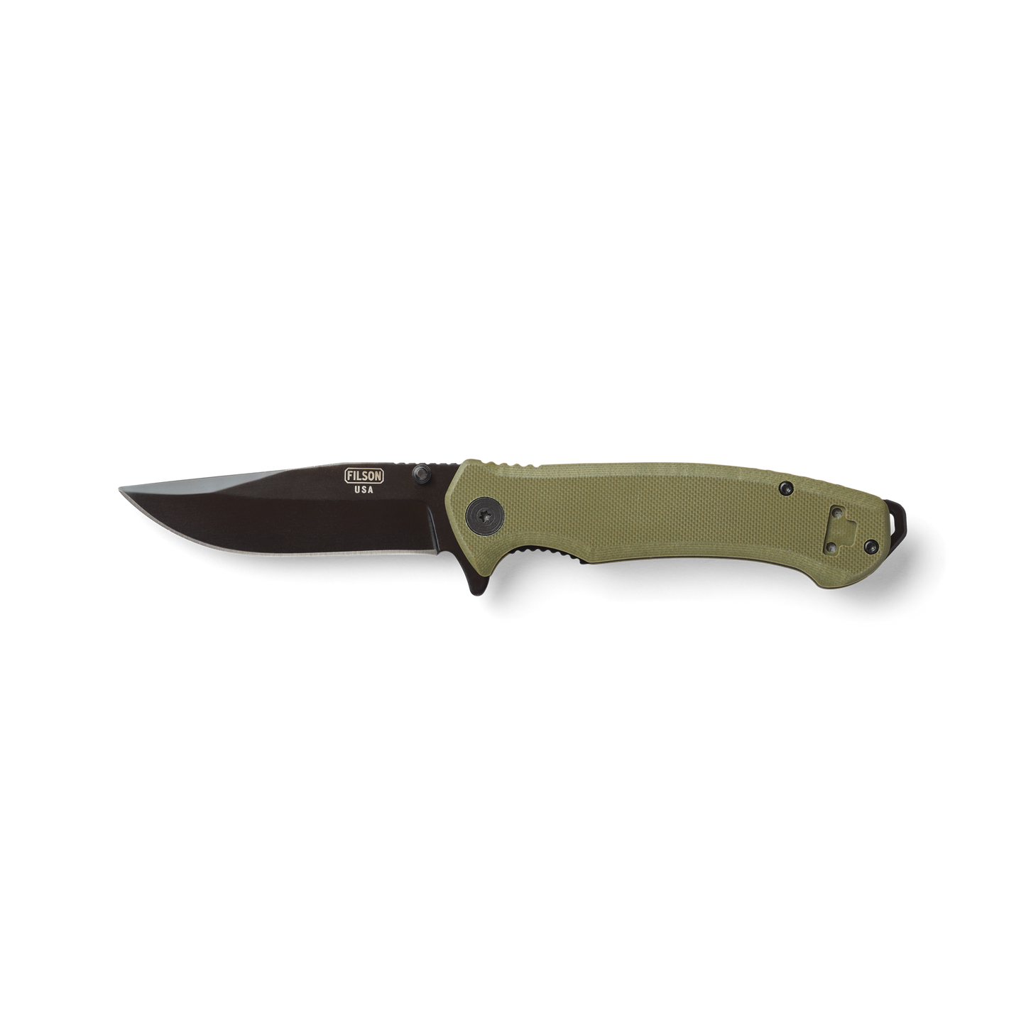 Front-facing image of the Filson Assisted Opening Knife - Olive/black