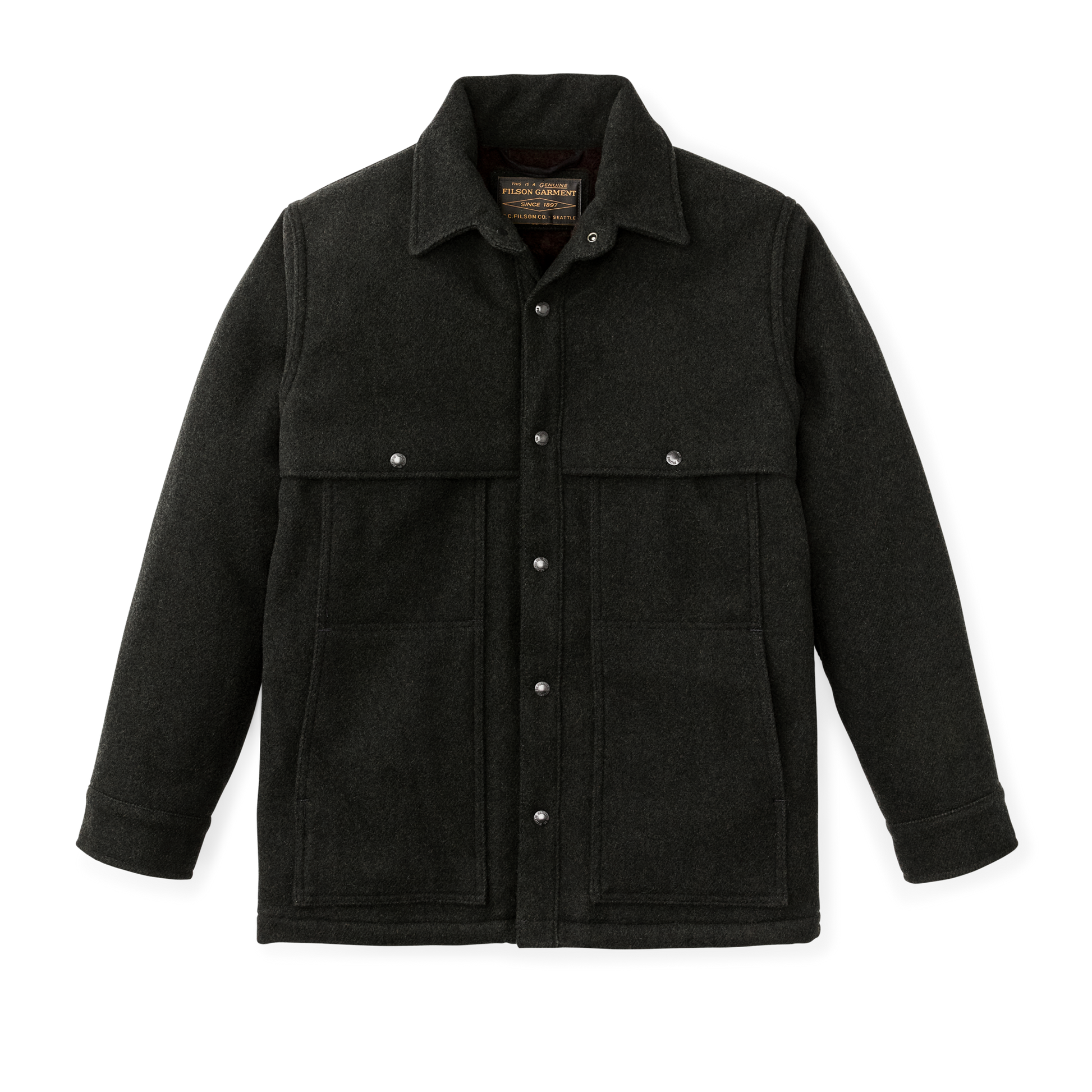 Front-facing image of the Filson Lined Mackinaw Wool Cape Coat - Peat Black