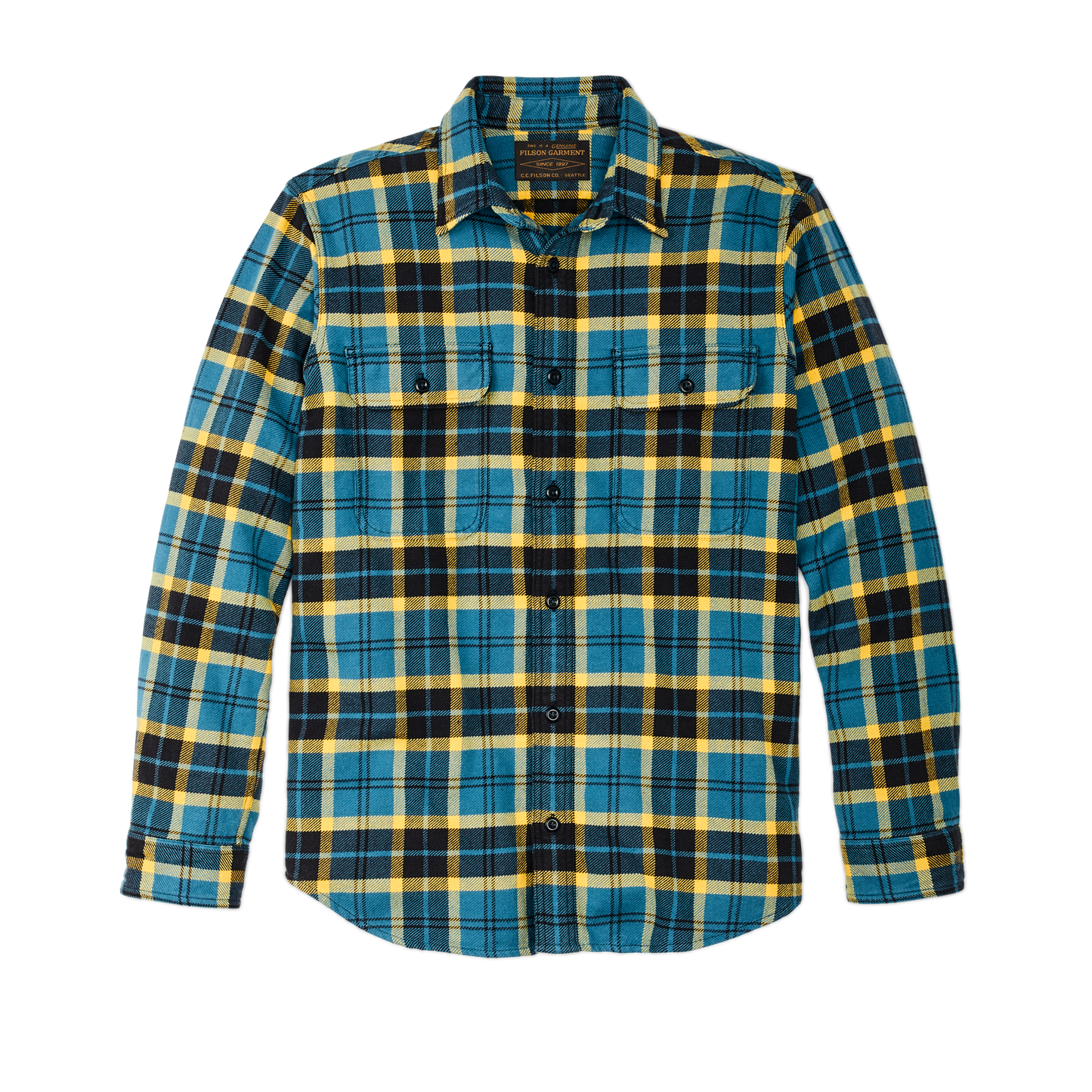 Front-facing image of the Filson Vintage Flannel Work Shirt - Blue Ash Gold Plaid