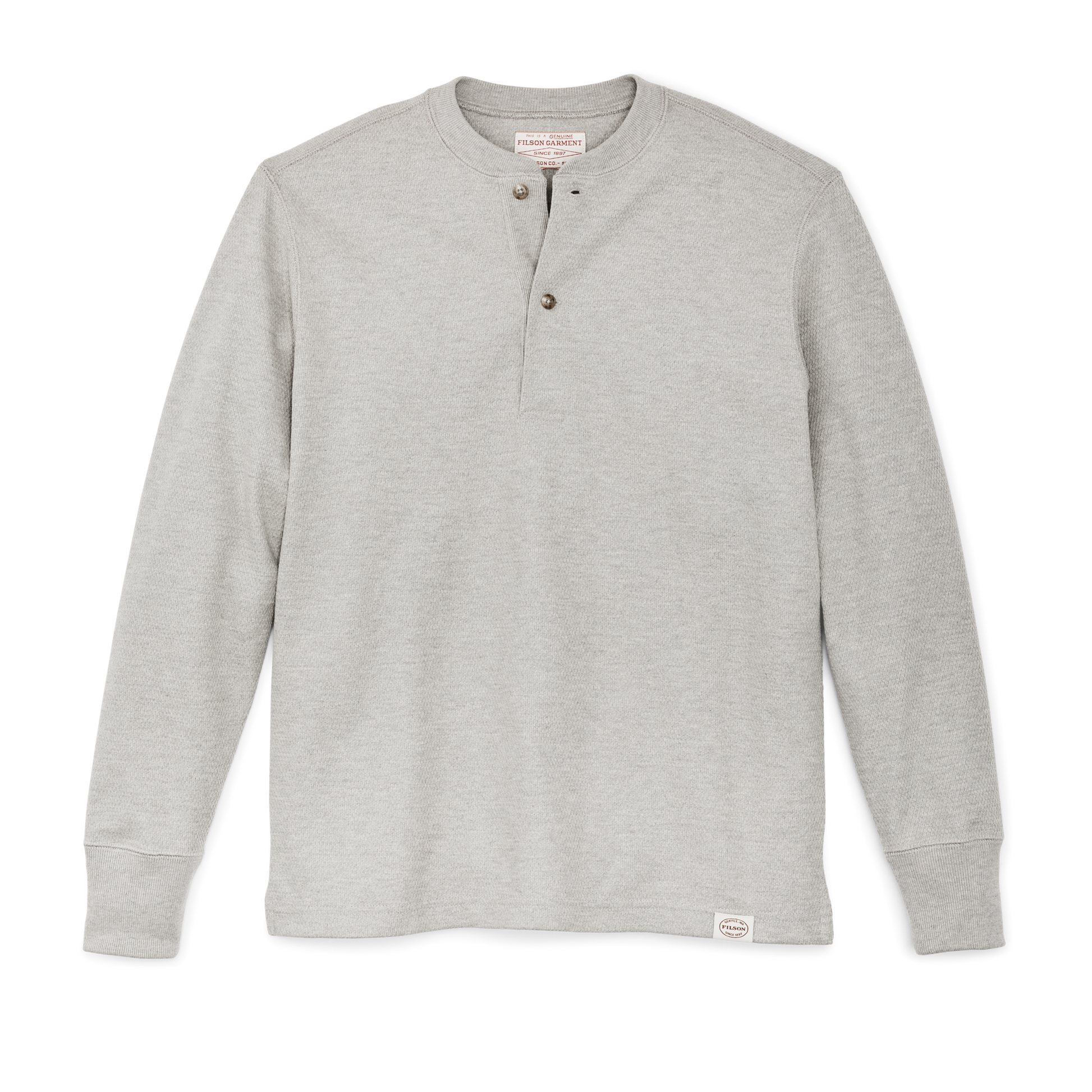 Front-facing image of the Filson Waffle Knit Henley - Light Heather Gray