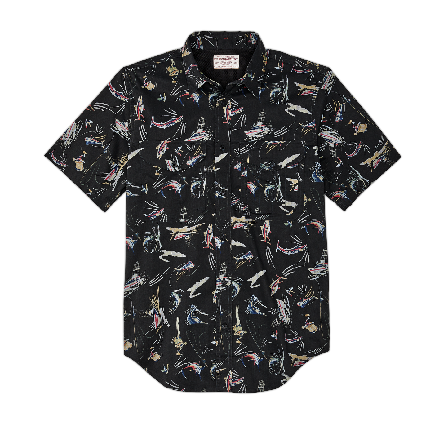 Front-facing image of the Filson Twin Lakes Short Sleeve Sport Shirt - Offshore Catch Print