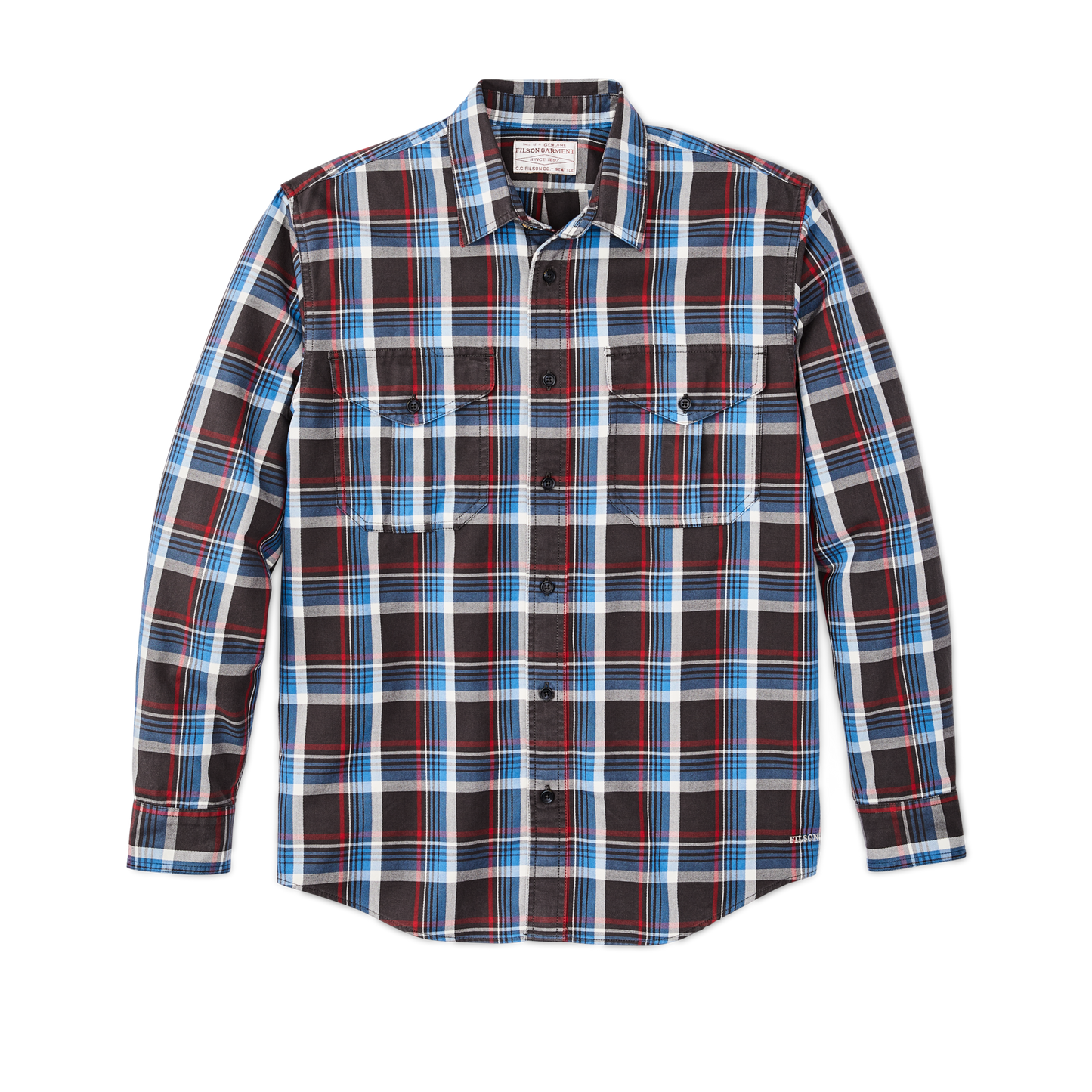 Front-facing image of the Filson Lightweight Alaskan Guide Shirt - Glacier Blue Plaid