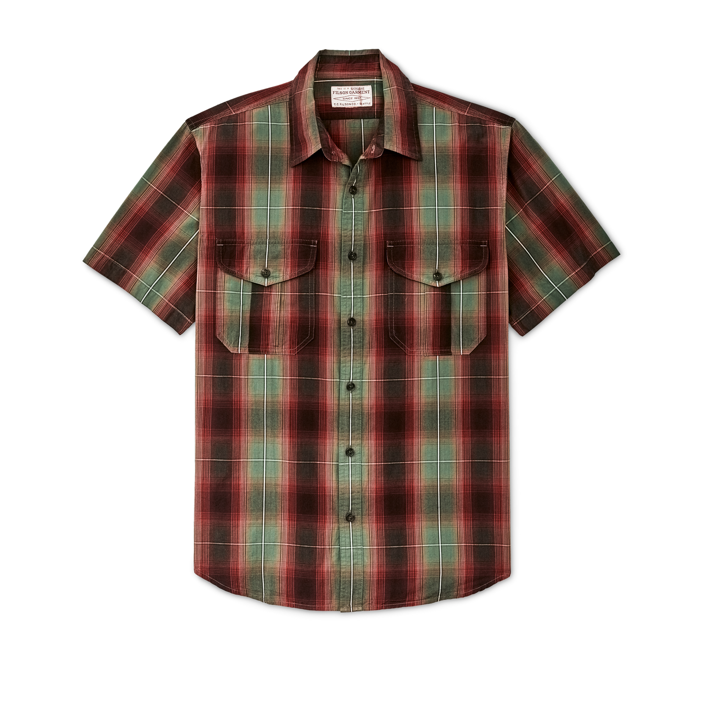 Front-facing image of the Filson Filson's Washed Short Sleeve Feather Cloth Shirt - Green / Red / Black Ombre