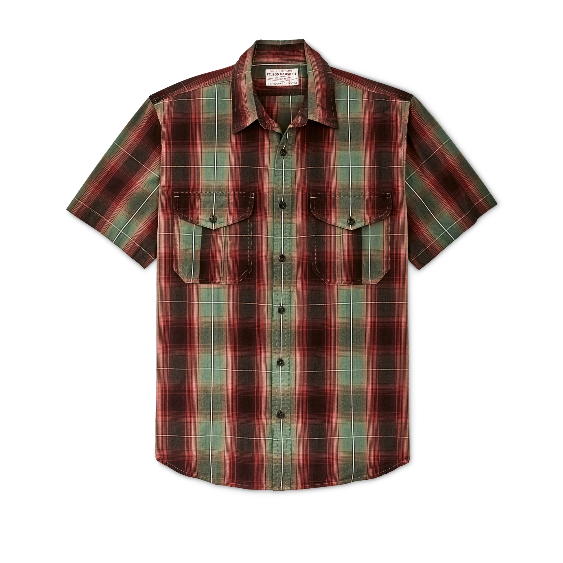 Front-facing image of the Filson Filson's Washed Short Sleeve Feather Cloth Shirt - Green / Red / Black Ombre