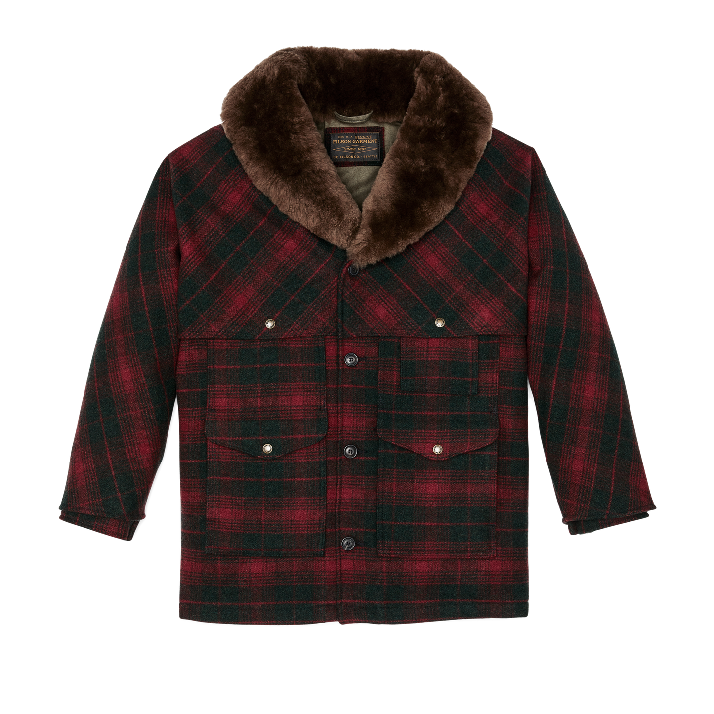 Front-facing image of the Filson Lined Mackinaw Wool Packer Coat - Burgundy / Dark Olive Plaid