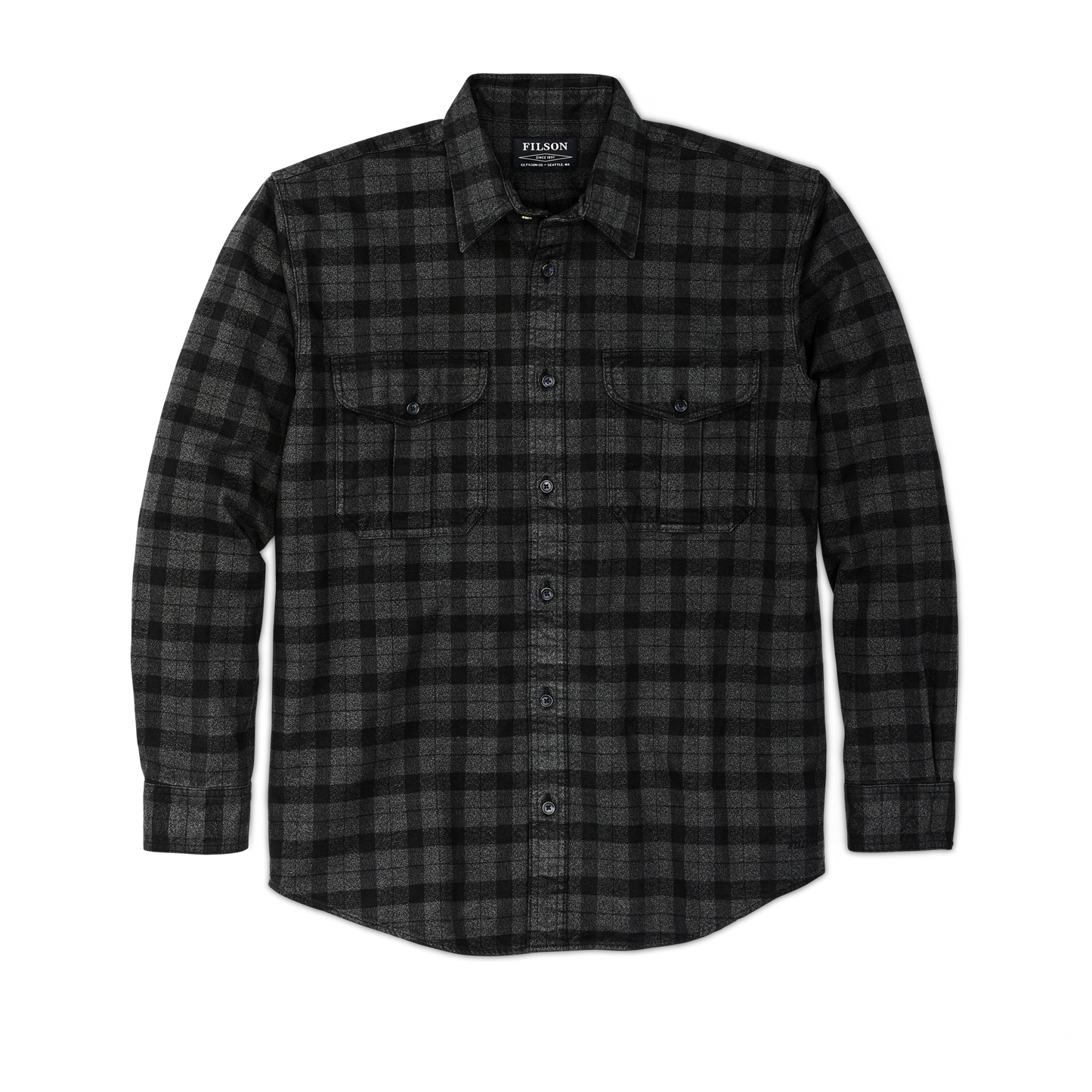 Front-facing image of the Filson Alaskan Guide Shirt - Heather Gray/black Plaid