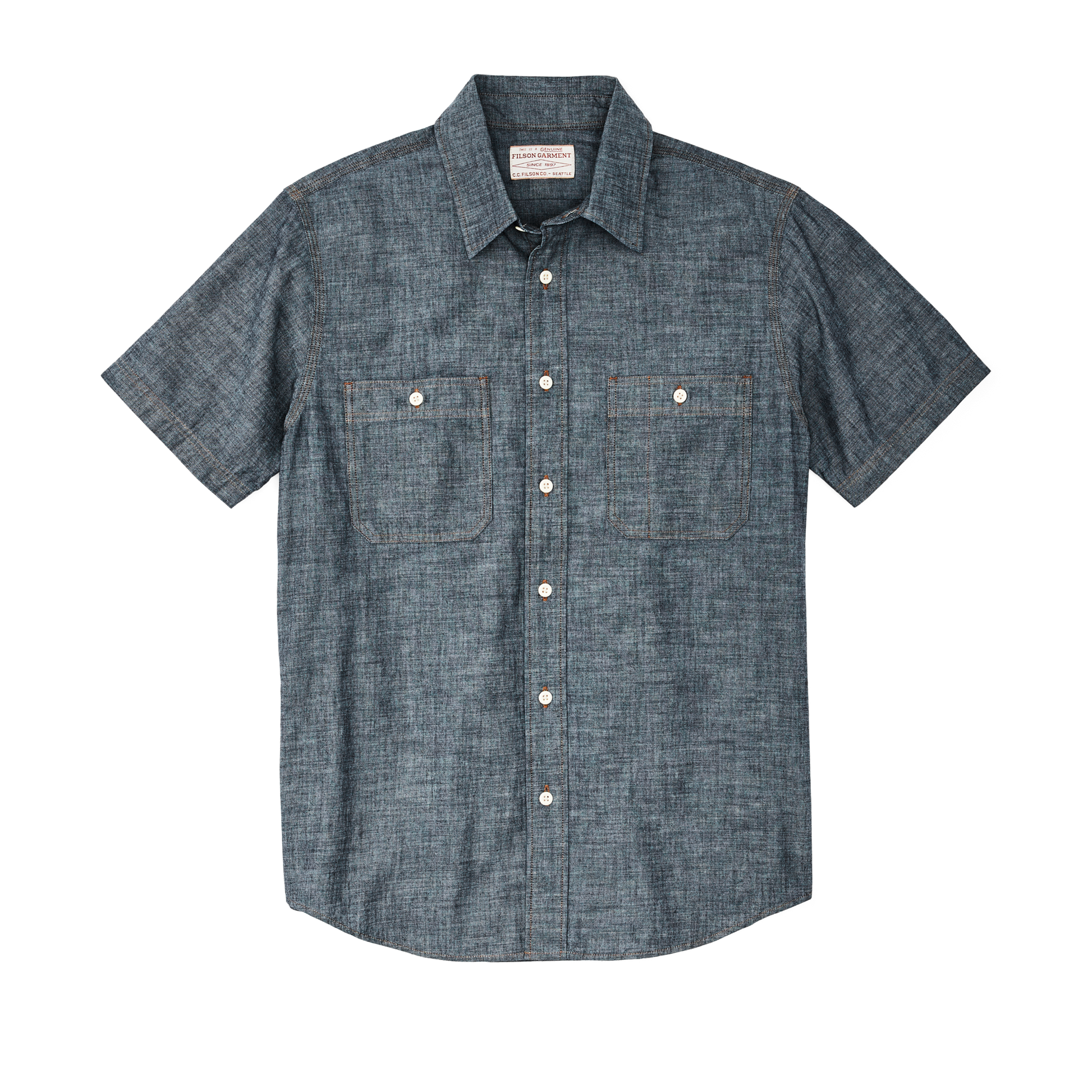 Front-facing image of the Filson Short Sleeve Chambray Shirt  - Indigo Chambray